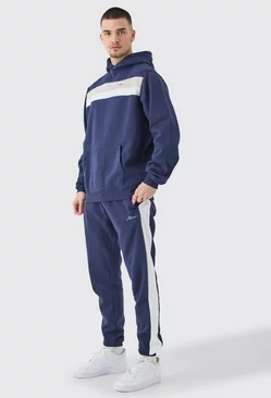 Navy Tall Man Signature Colour Block Hooded Tracksuit