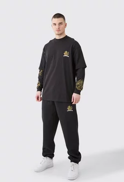 Tall Oversized Dragon Faux Layer T-shirt Tracksuit Black