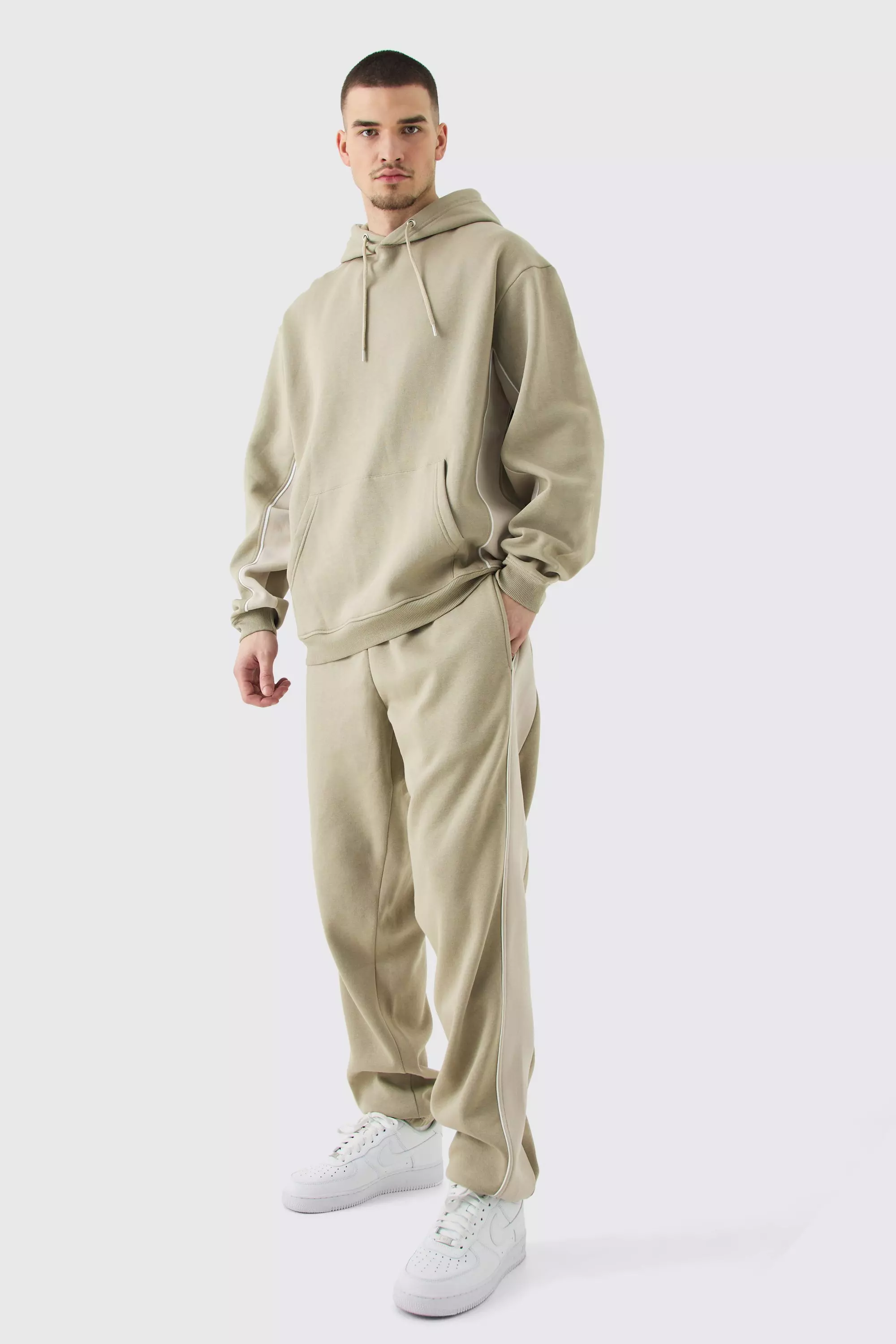 Tall Oversized Colour Block Piped Tracksuit Taupe