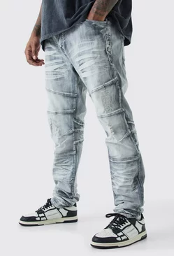 Grey Plus Skinny Stretch Heavy Bleached Ripped Jean