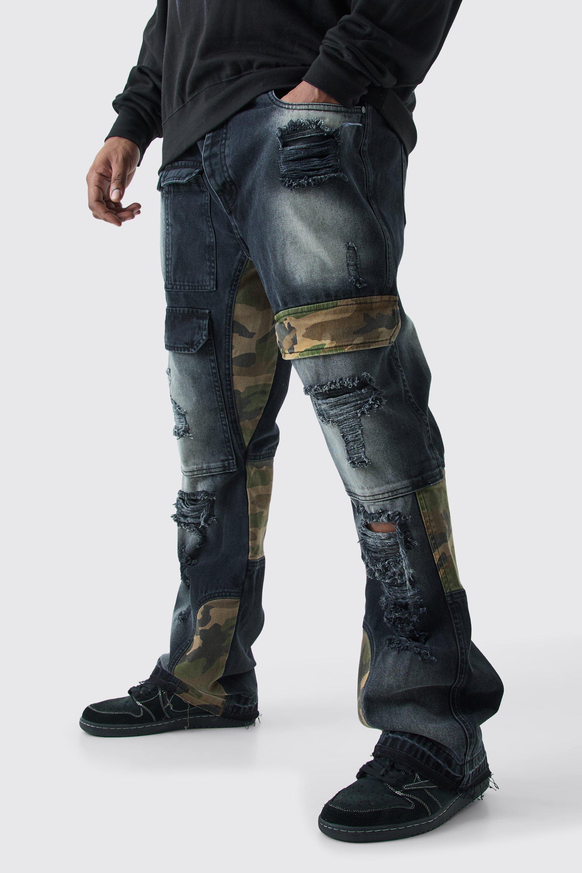 Plus Slim Rigid Flare Camo Repair Cargo Jeans