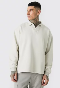 Grey Plus Oversized Revere Neck Rugby Polo