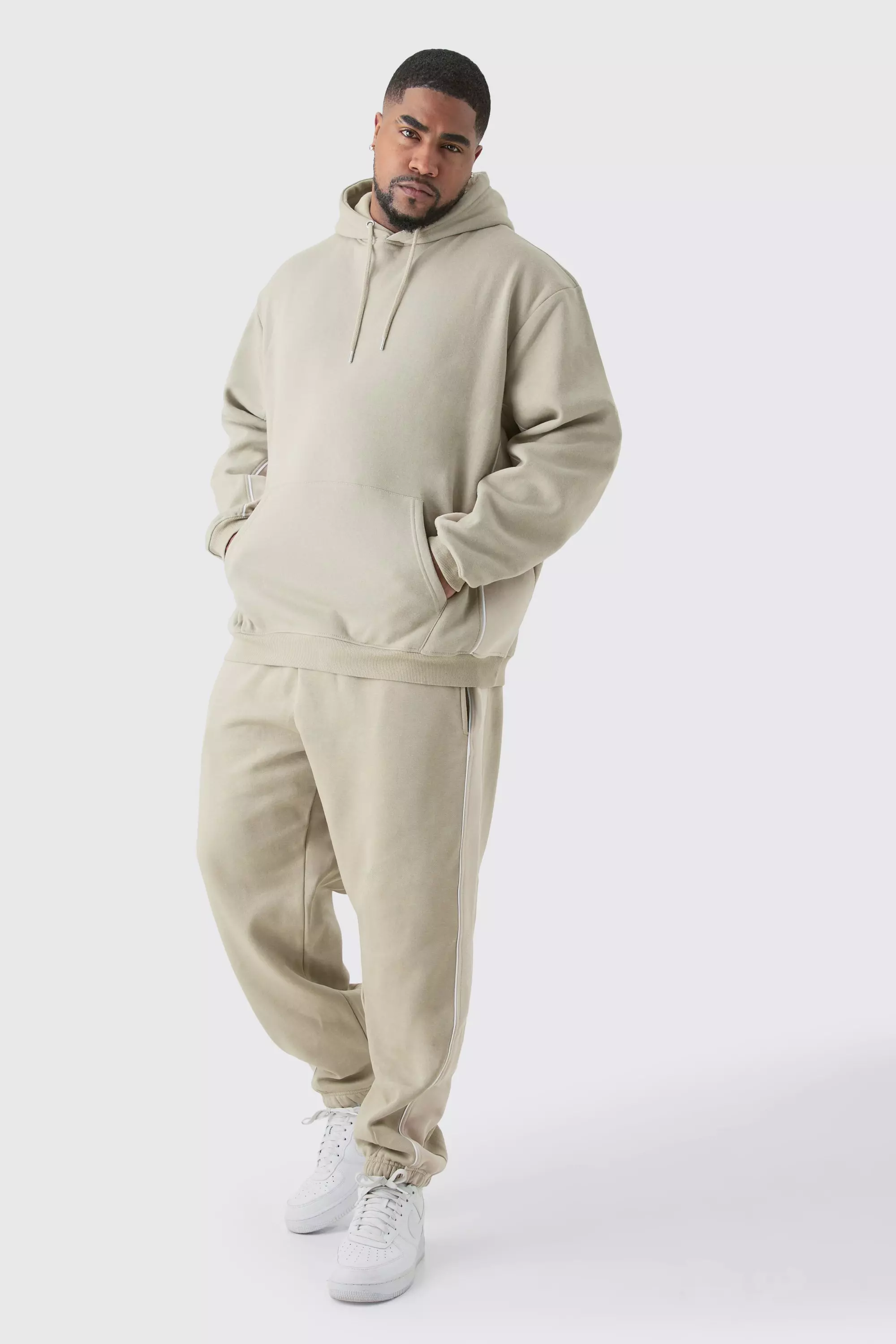 Taupe Beige Plus Oversized Colour Block Piped Tracksuit