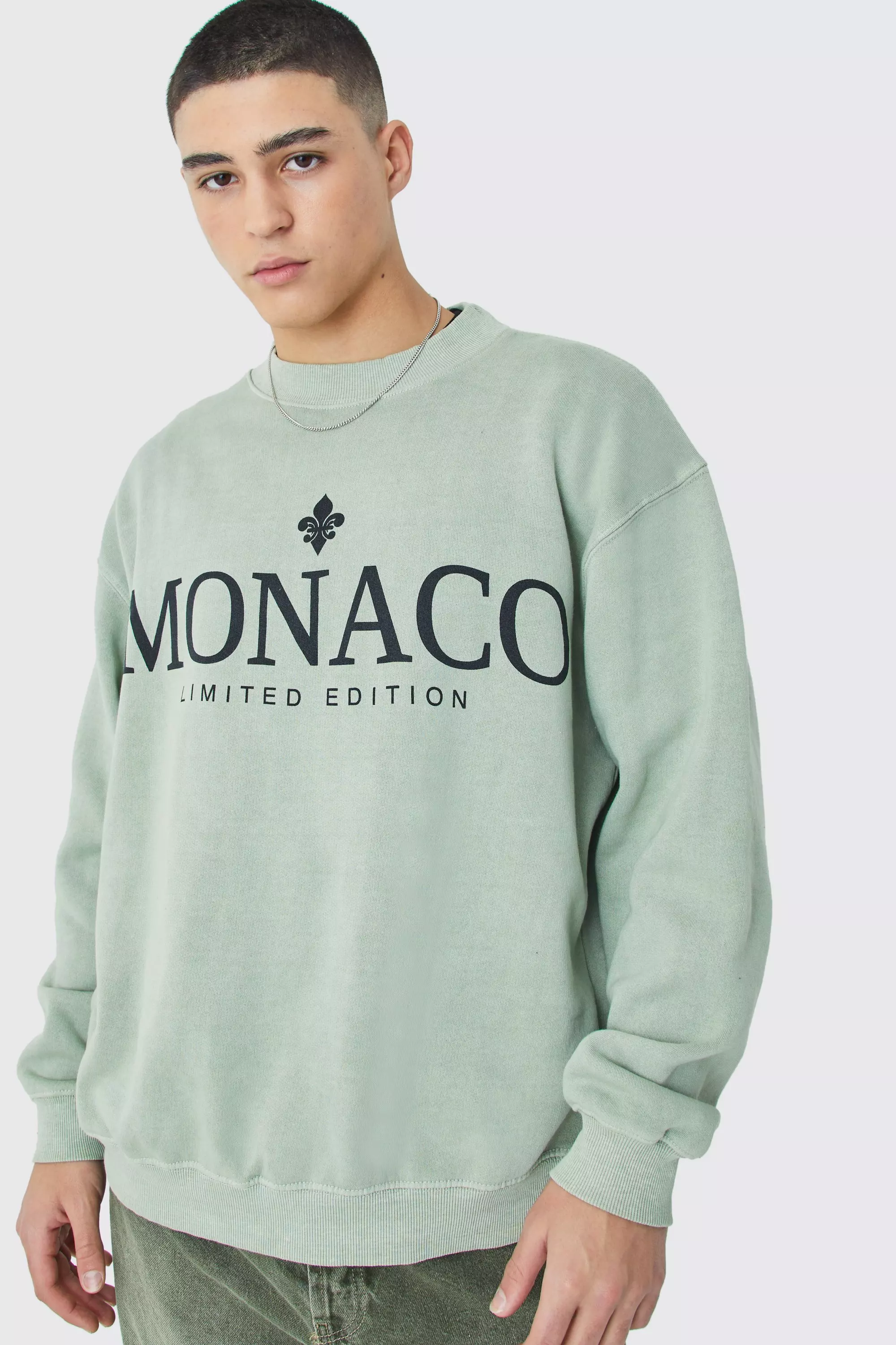Sage Green Oversized Overdye Monaco Graphic Extended Neck Sweatshirt