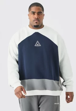Navy Plus Oversized Colour Block Branded Sweatshirt In Navy