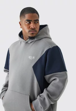 Plus Colour Block Man Roman Panelled Hoodie In Charcoal Charcoal