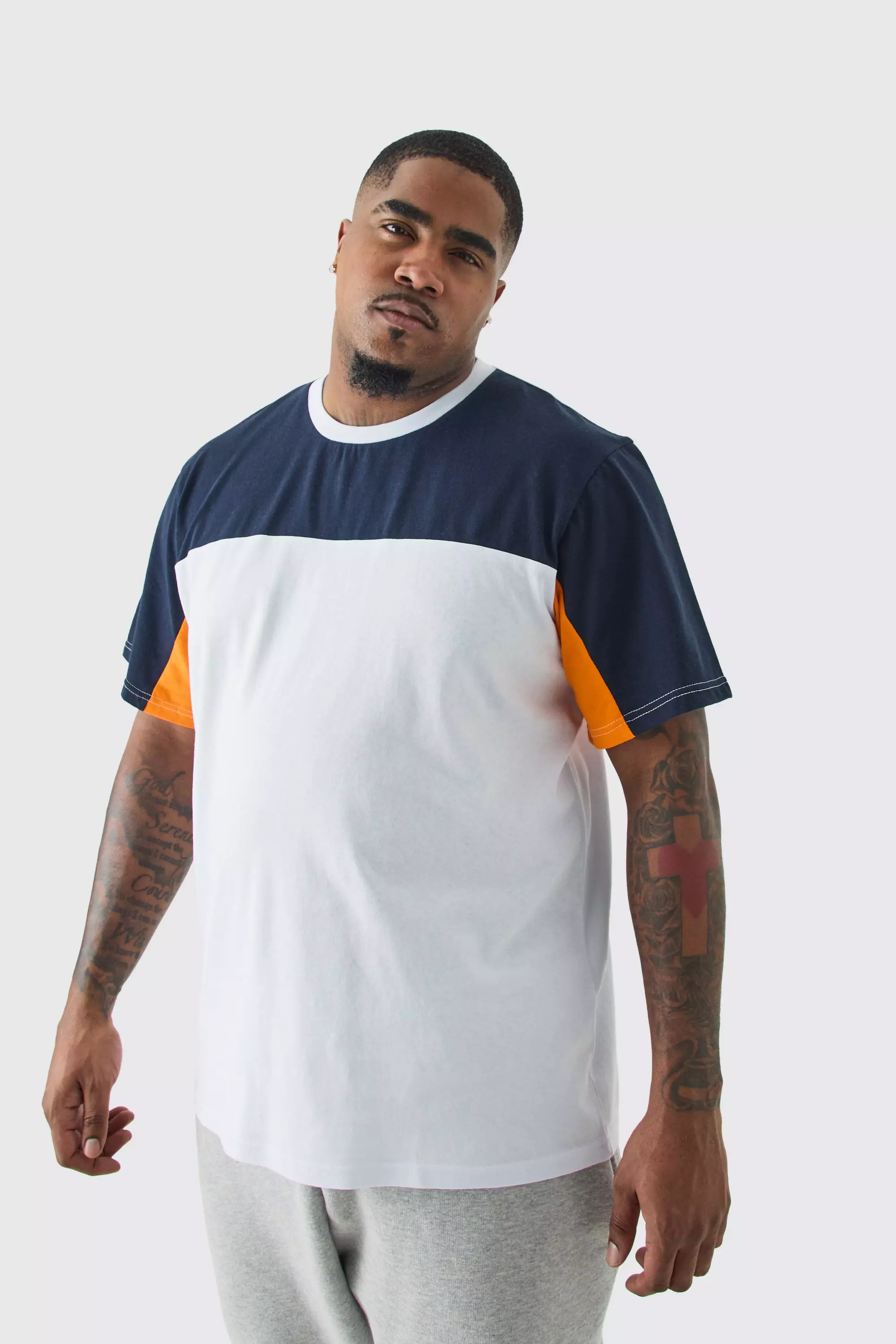 Plus Regular Fit Colour Block Panelled T-shirt In Navy Navy