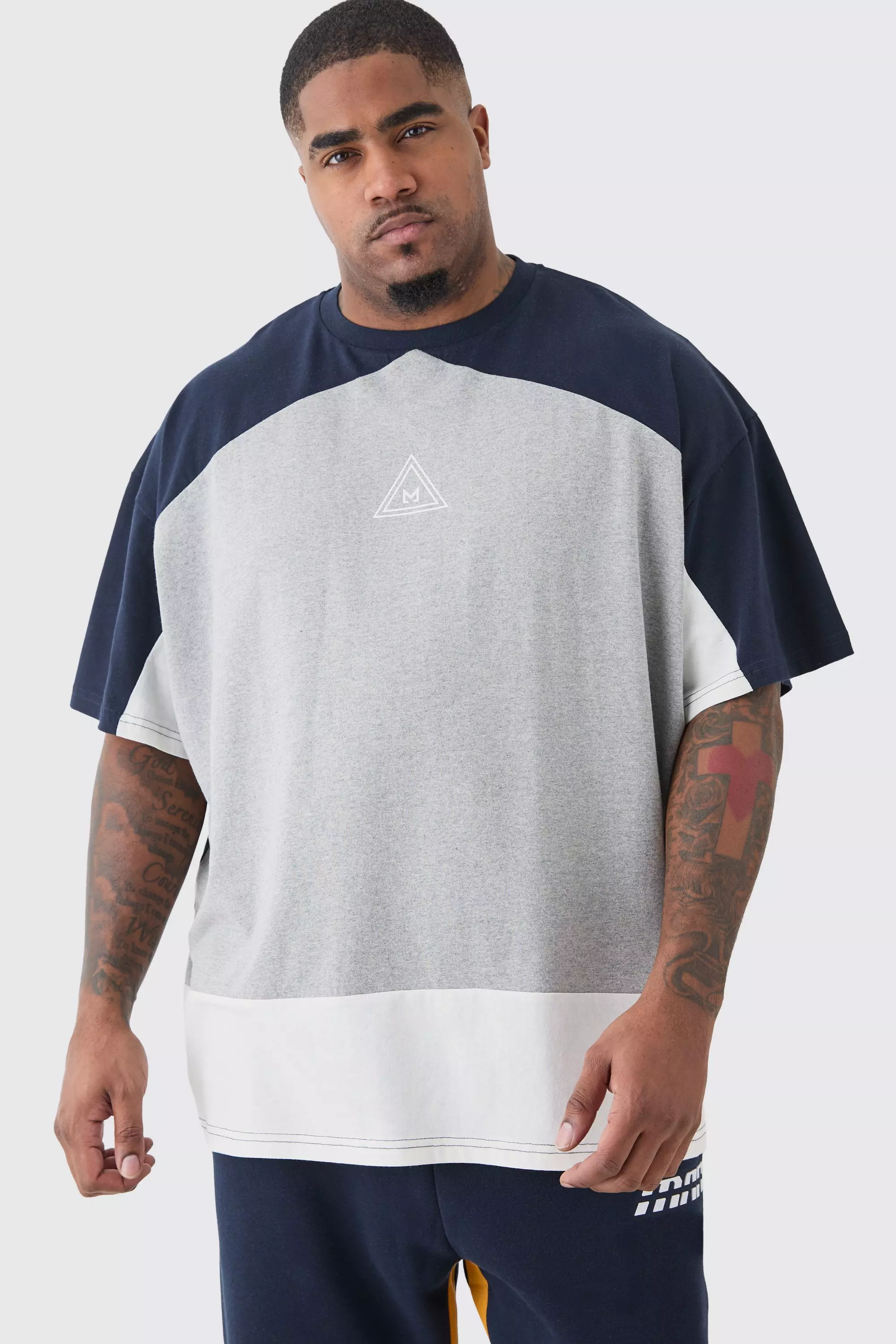 Grey Plus Oversized Branded Colour Block T-shirt In Grey Marl
