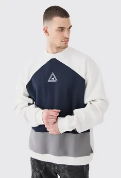 Navy Tall Oversized Colour Block Branded Sweatshirt In Navy