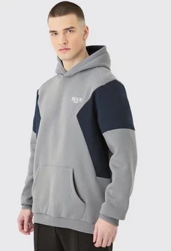 Tall Colour Block Man Roman Panelled Hoodie In Charcoal Charcoal