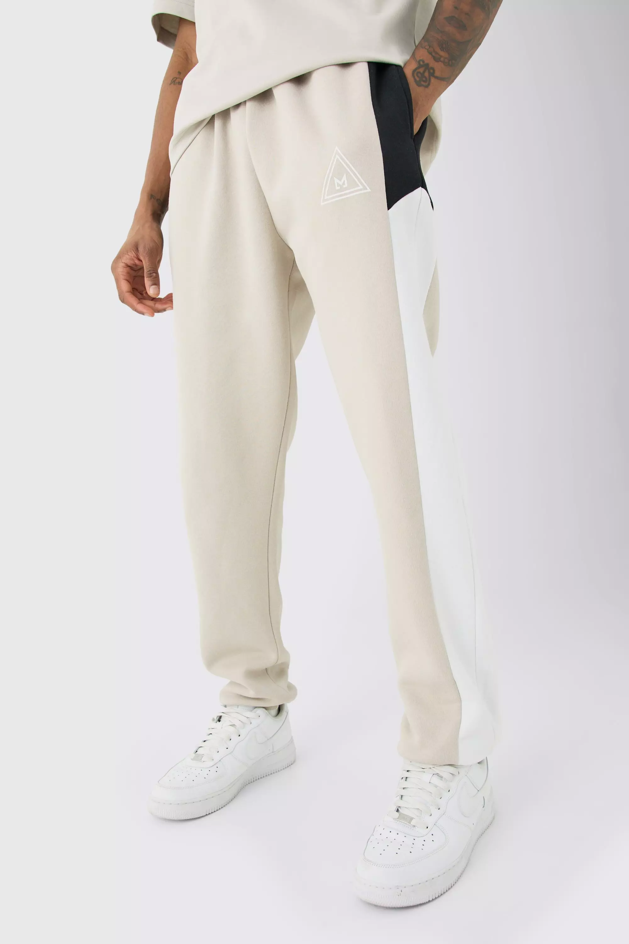 Tall Colour Block Branded Joggers In Stone Stone