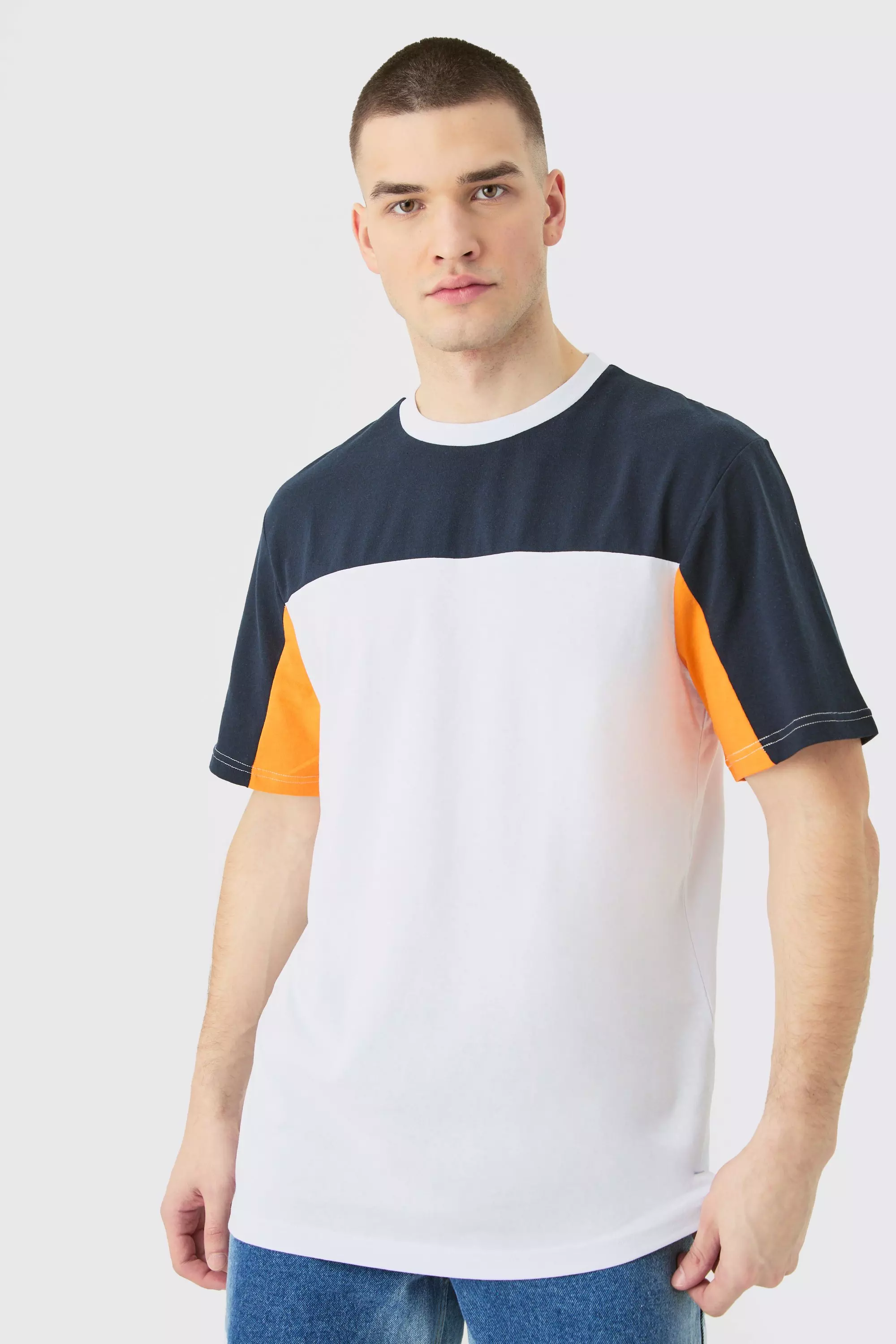 Tall Regular Fit Colour Block Panelled T-shirt In Navy Navy