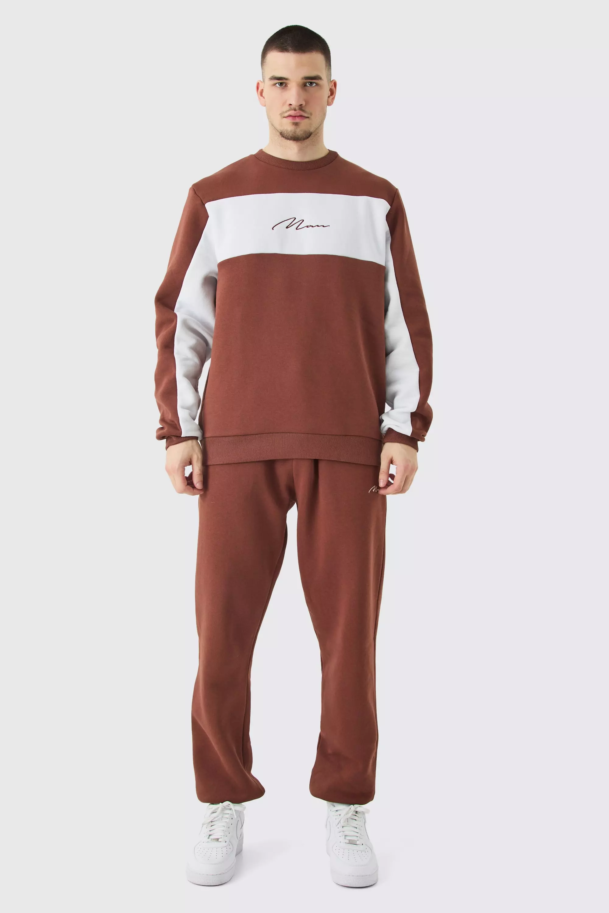Brown Tall Colour Block Man Sweatshirt Tracksuit In Chocolate