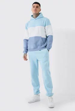 Blue Tall Colour Block Man Hooded Tracksuit In Light Blue