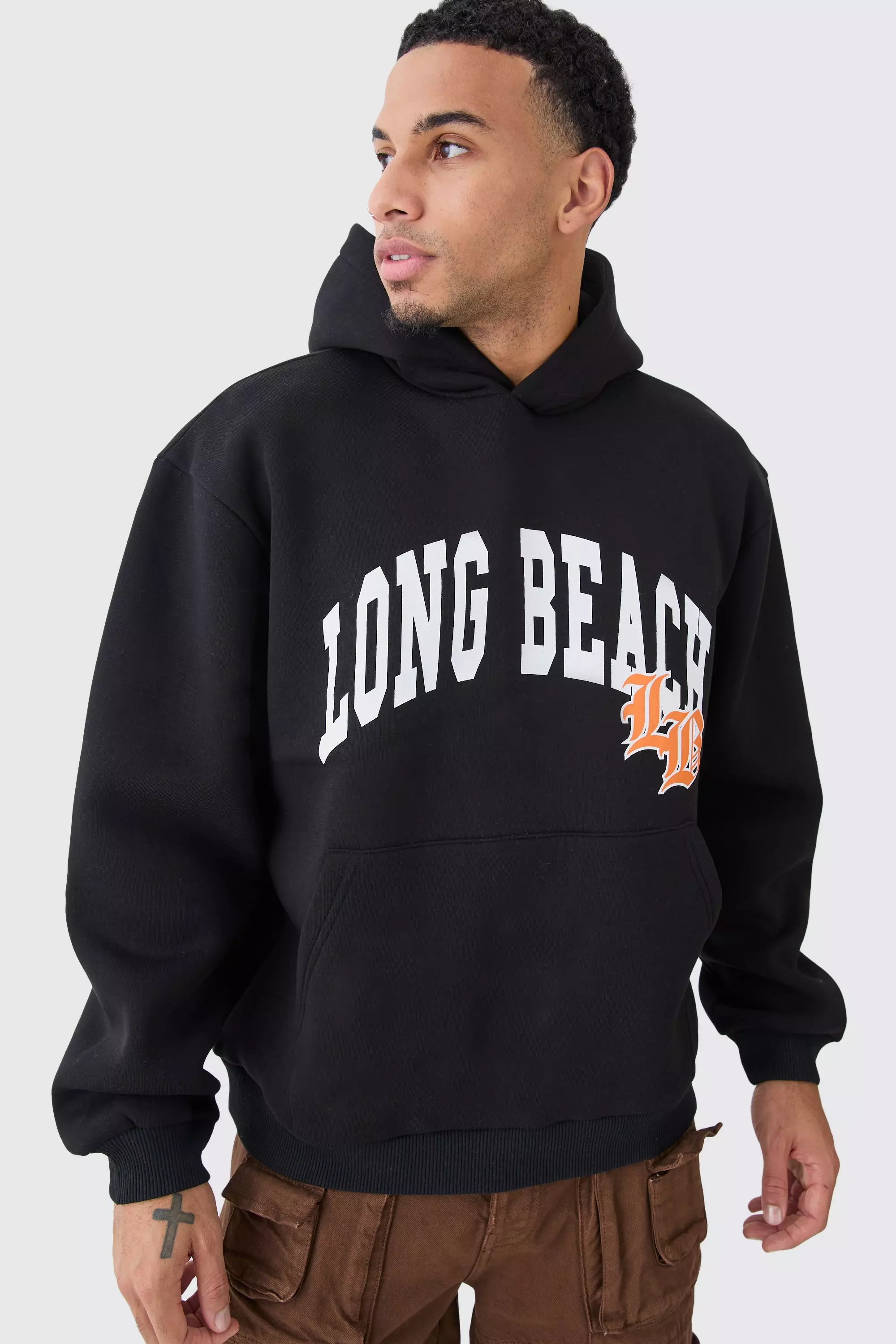 Oversized Long Beach Varsity Hoodie Black