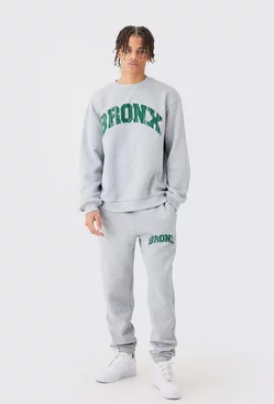 Grey Oversized Bronx Varsity Sweatshirt Tracksuit