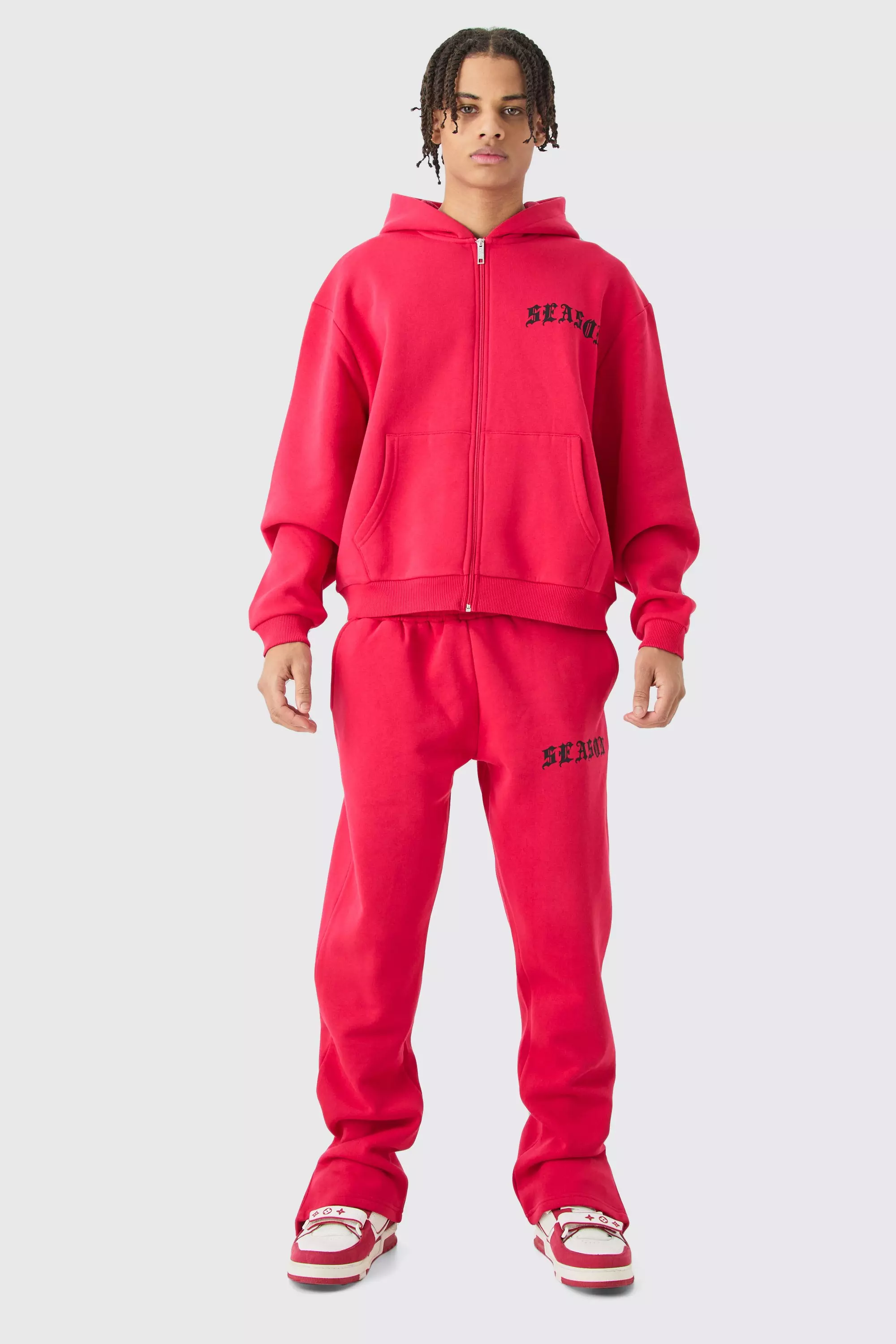 Red Oversized Boxy Zip Thru Gothic Hooded Tracksuit