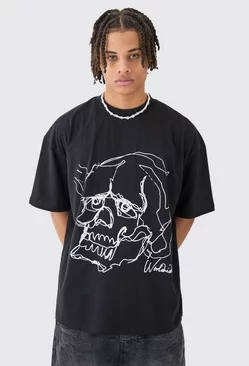 Oversized Boxy Extended Neck Skull T-shirt Black