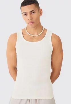 Ecru White Ribbed Muscle Fit Vest