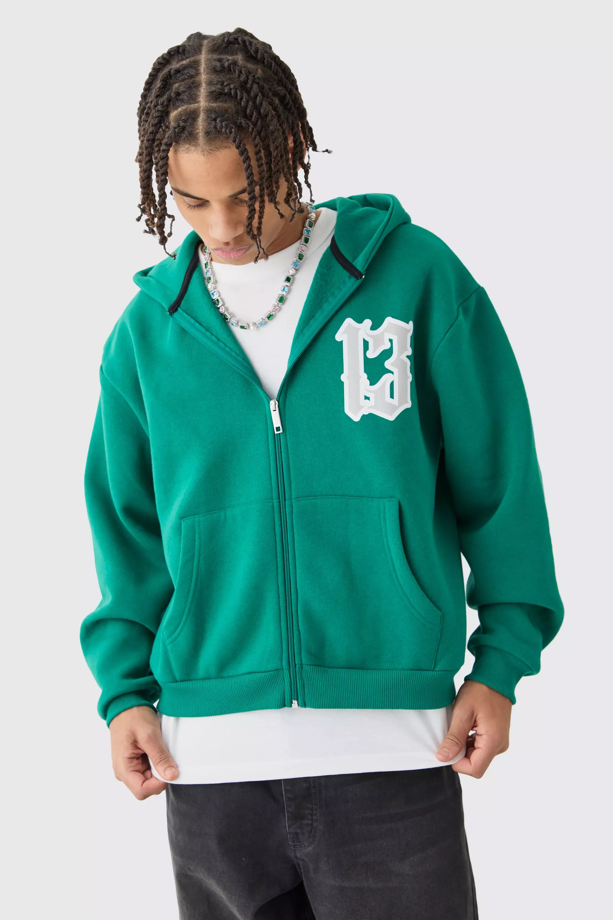 Green Oversized Boxy Zip Through 13 Printed Hoodie