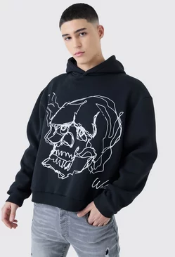 Oversized Boxy Skull Line Drawing Hoodie Black