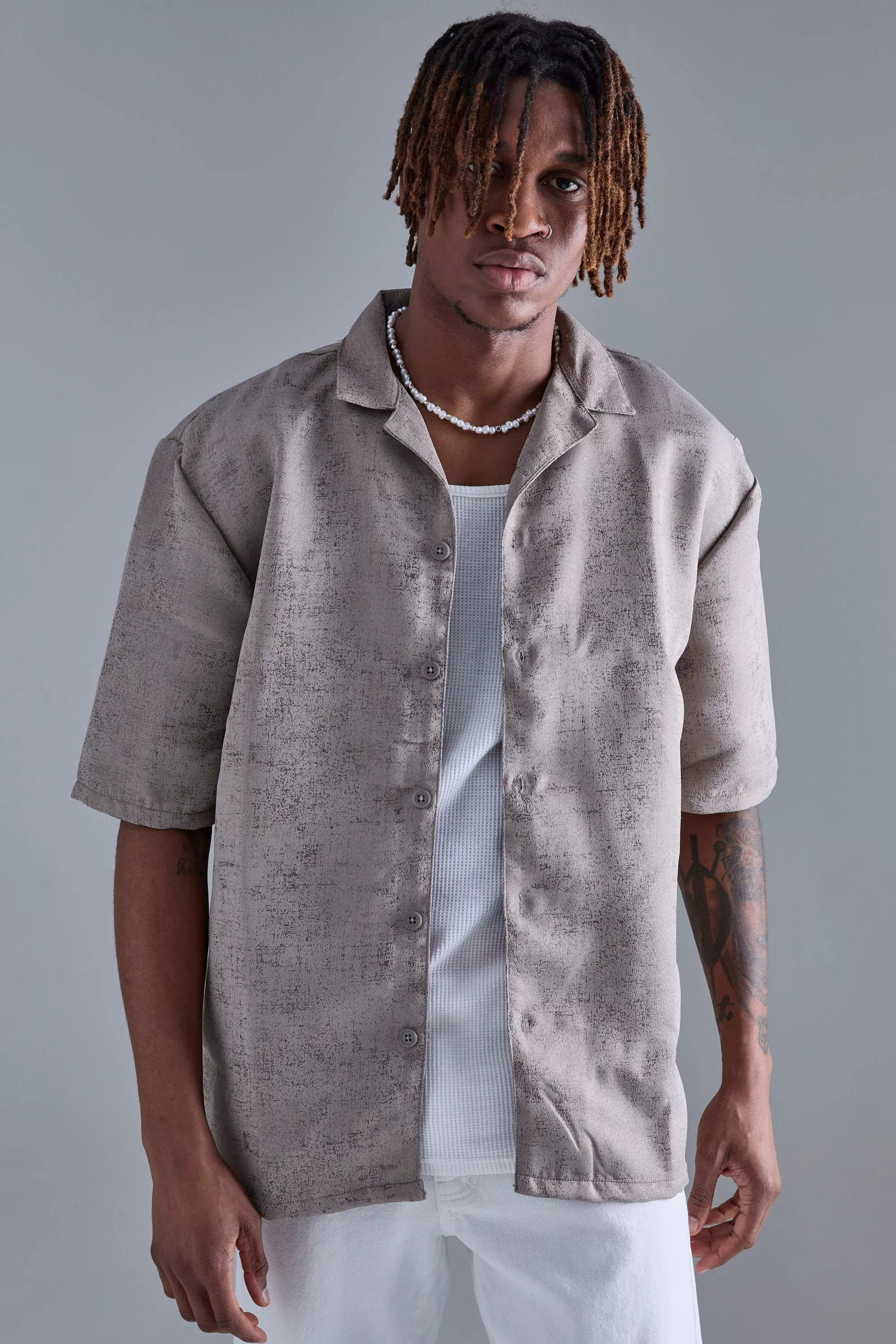 Tall Short Sleeve Textured Drop Revere Shirt In Stone Stone