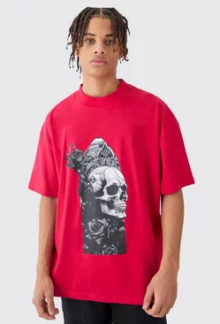 Oversized Extended Neck Skull T-shirt Red