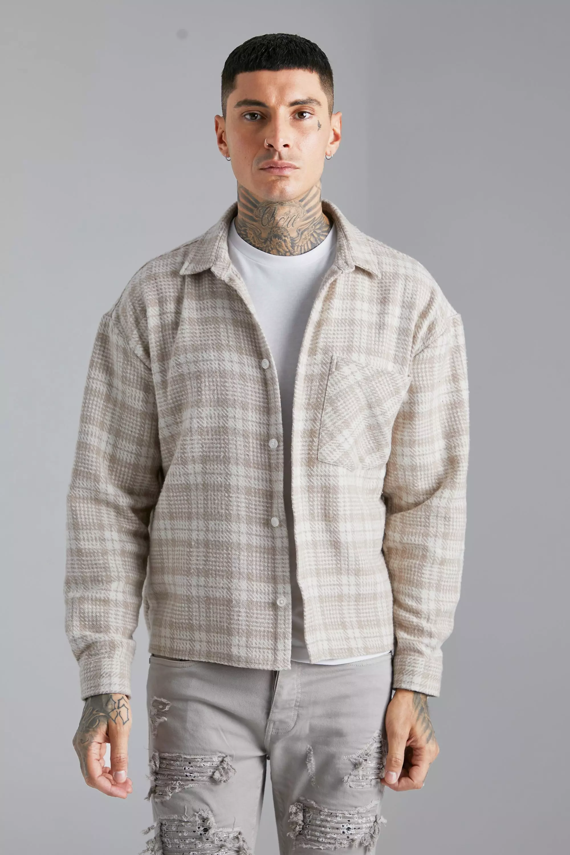 Beige Boxy Flannel Shirt