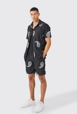Oversized Soft Twill Paisley Embroidered Shirt And Short Black