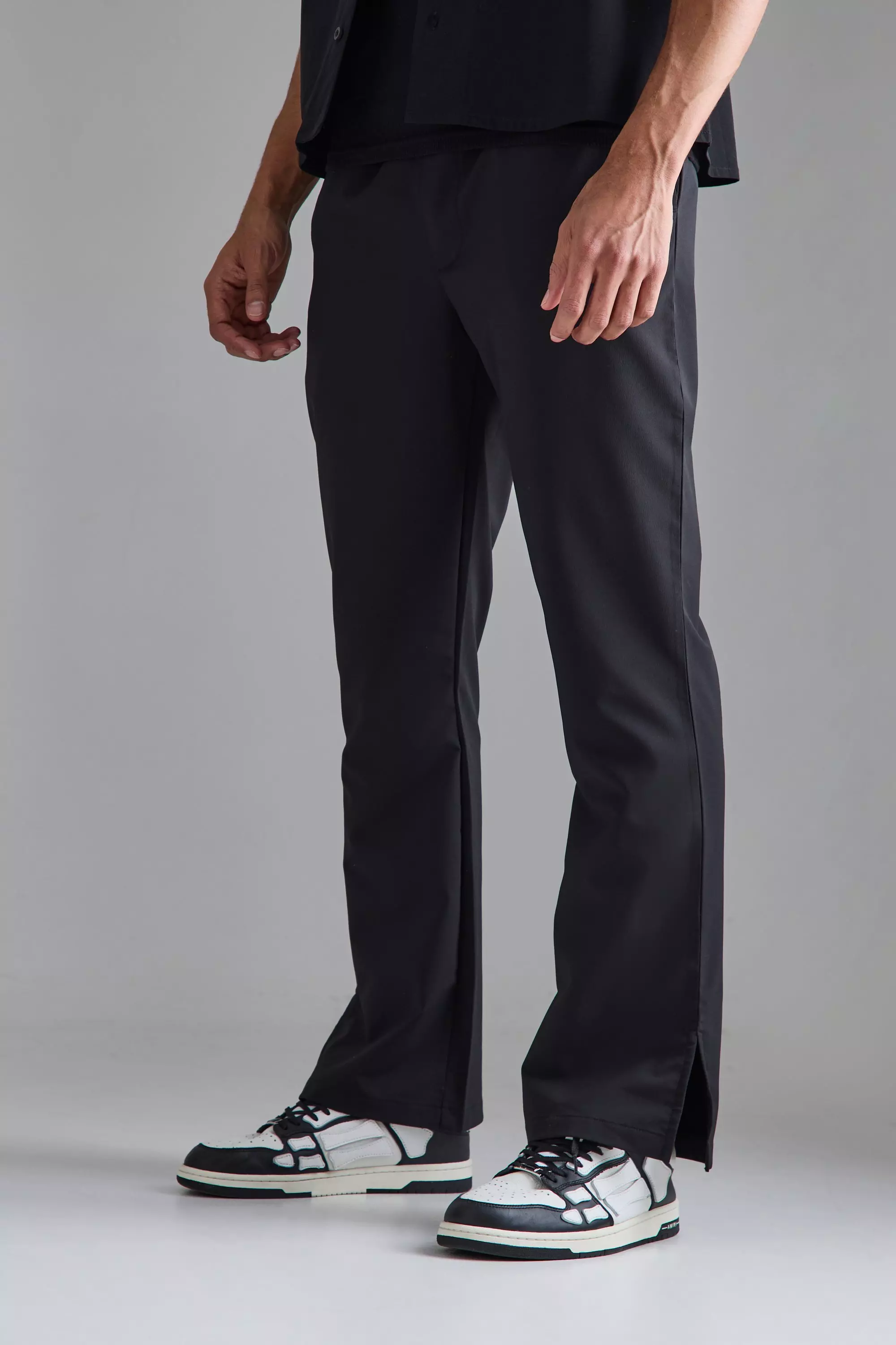 Black Split Hem Flare Lightweight Stretch Smart Trousers