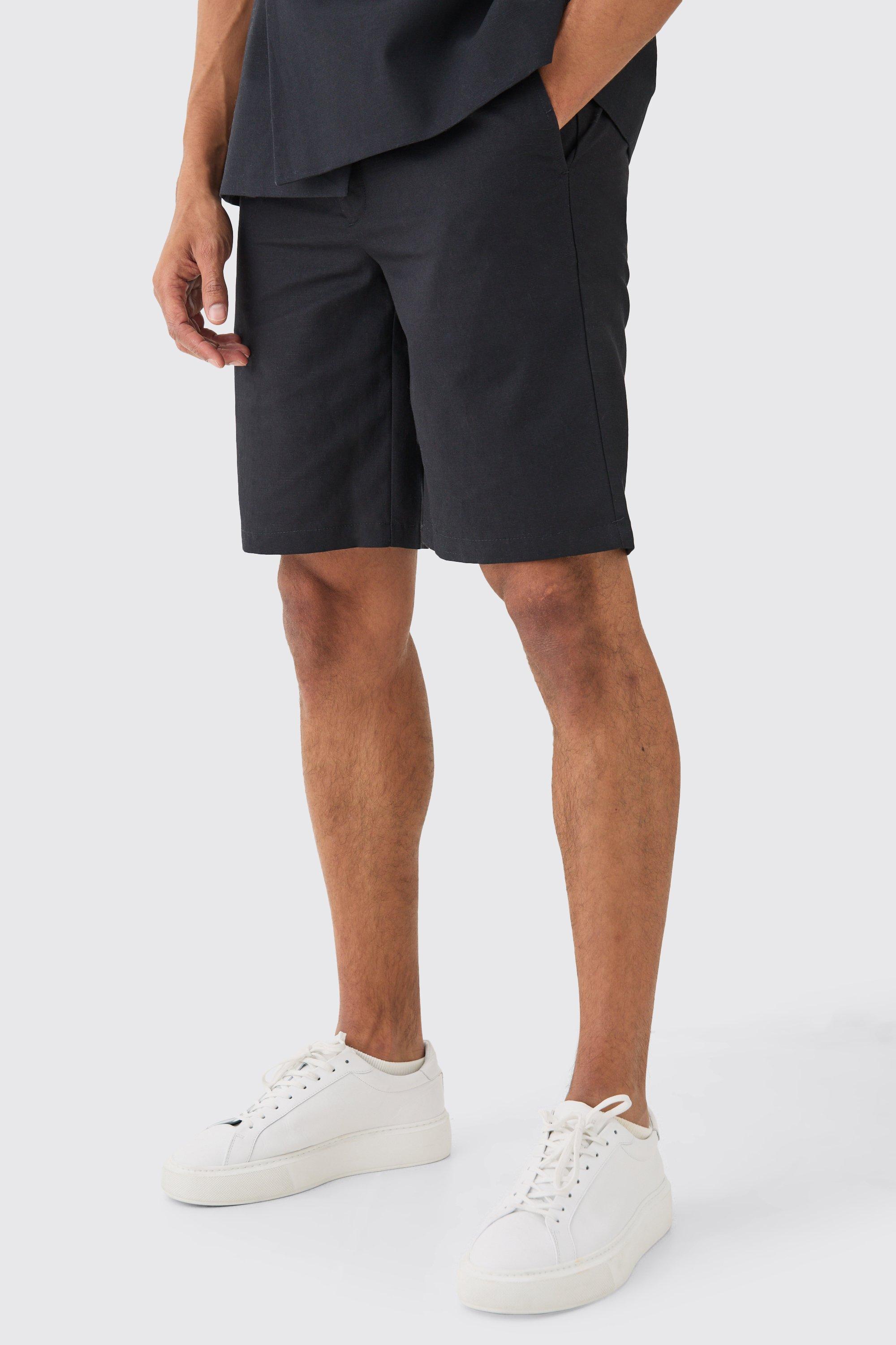 Black Elasticated Waistband Linen Blend Smart Relaxed Shorts