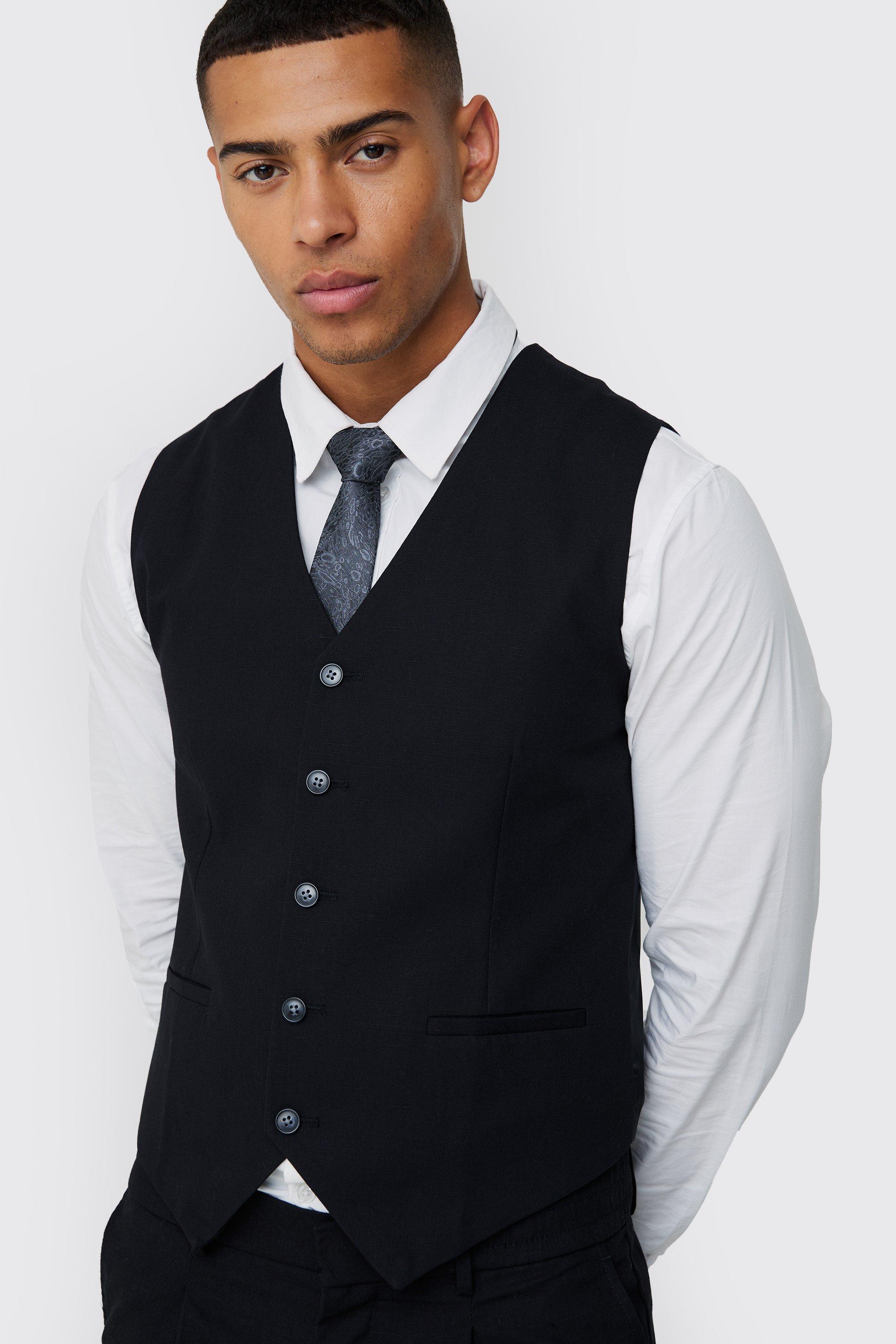 Black Linen Blend Slim Fit Waistcoat