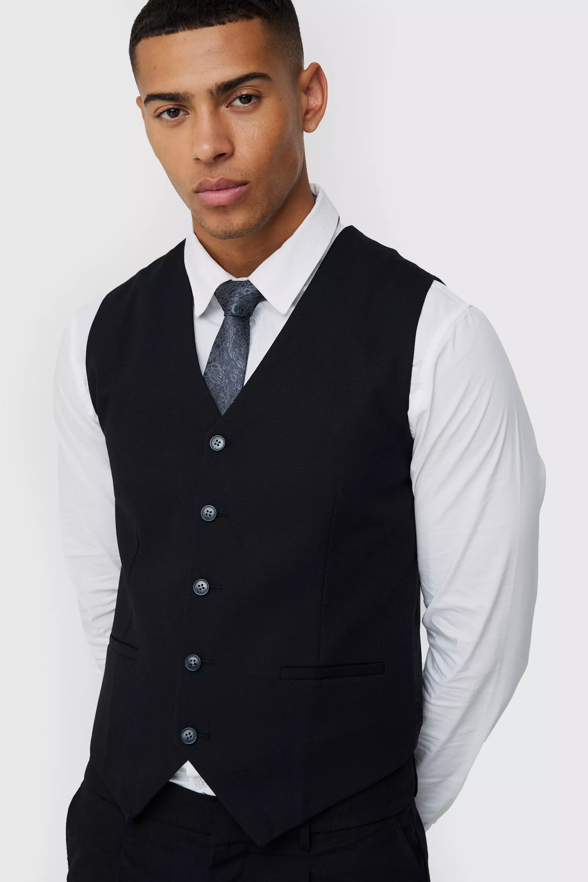 Black Linen Blend Slim Fit Waistcoat alternative image
