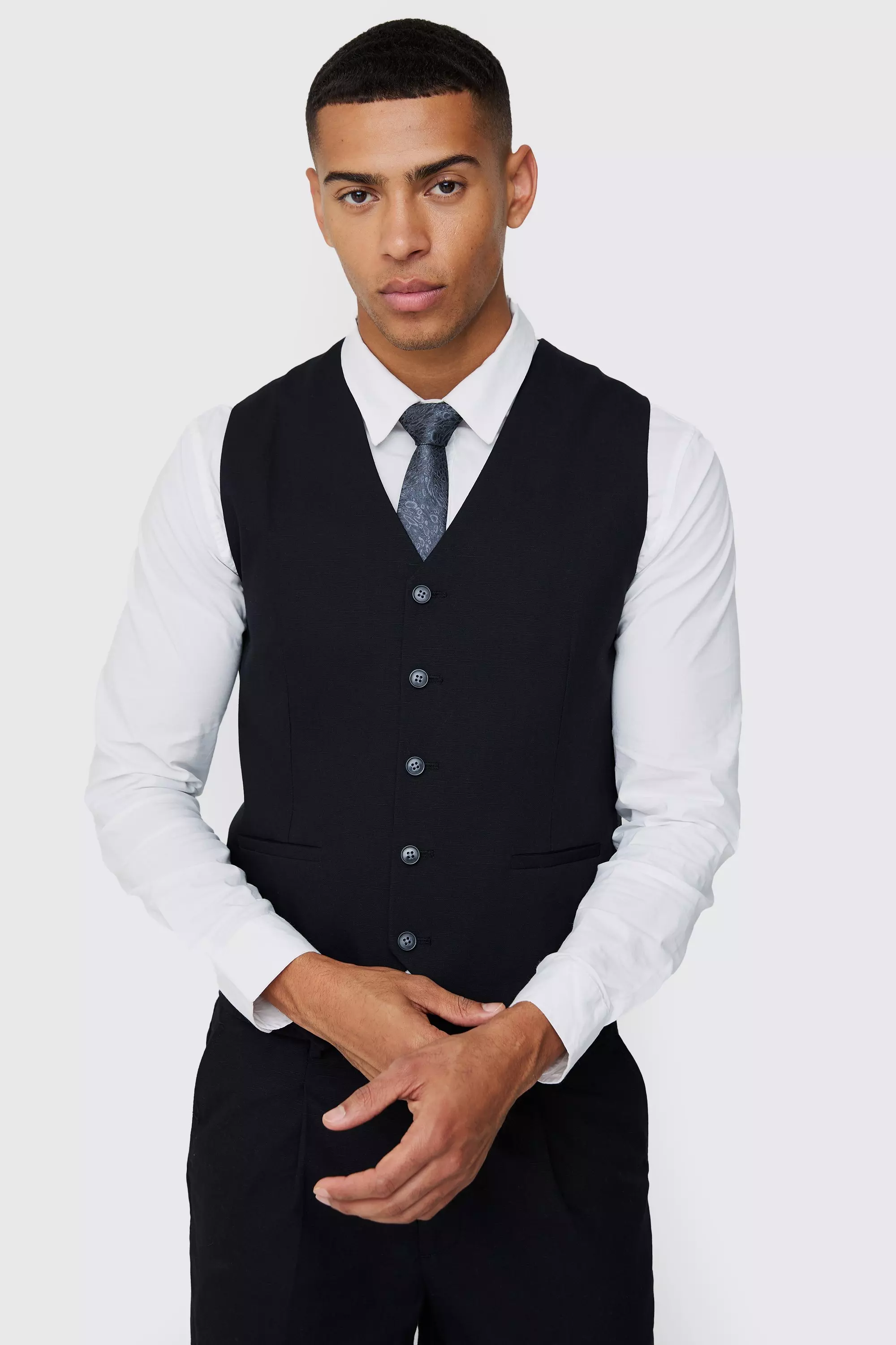 Black Linen Blend Slim Fit Waistcoat alternative image