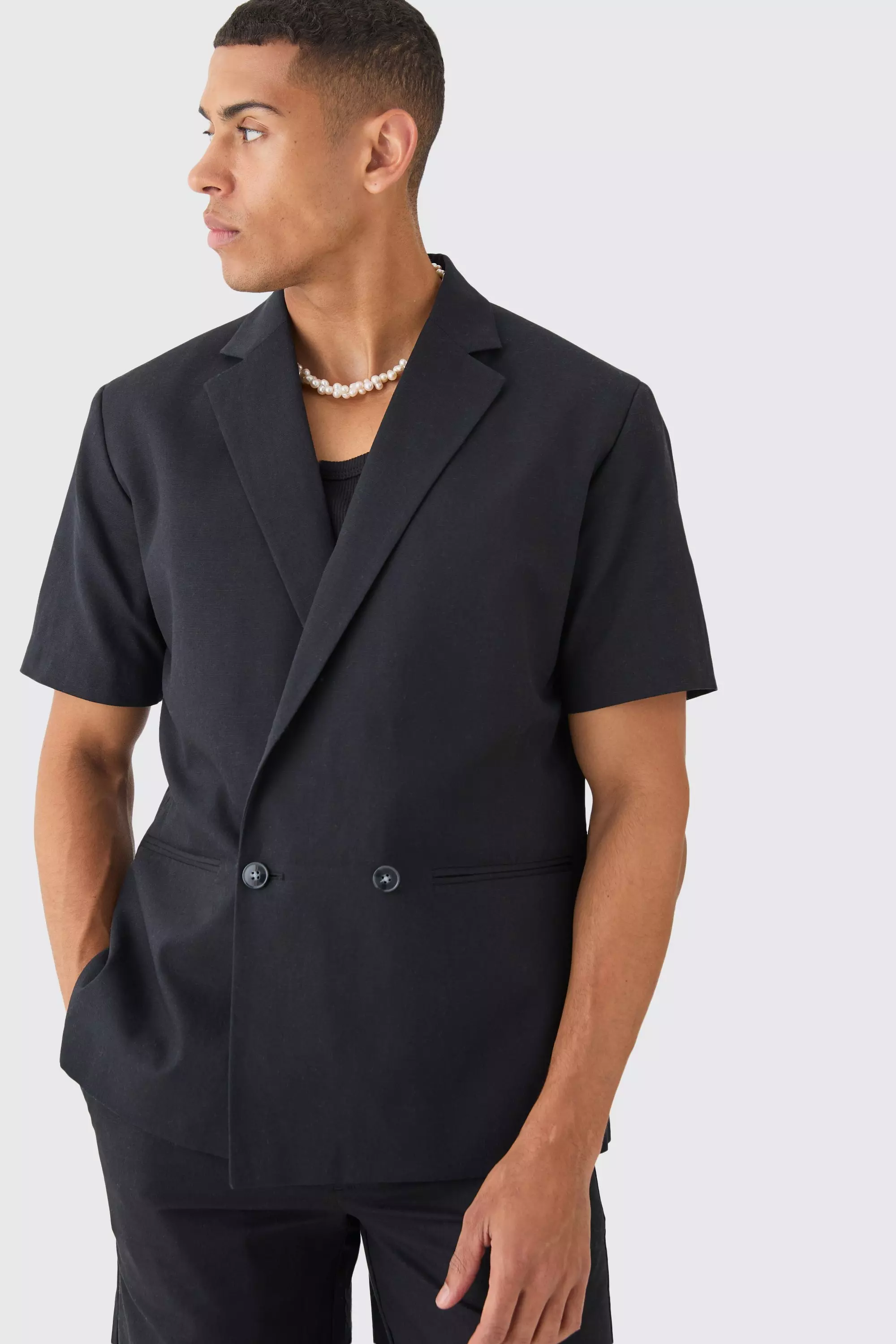 Mix & Match Linen Blend Short Sleeve Double Breasted Blazer Black