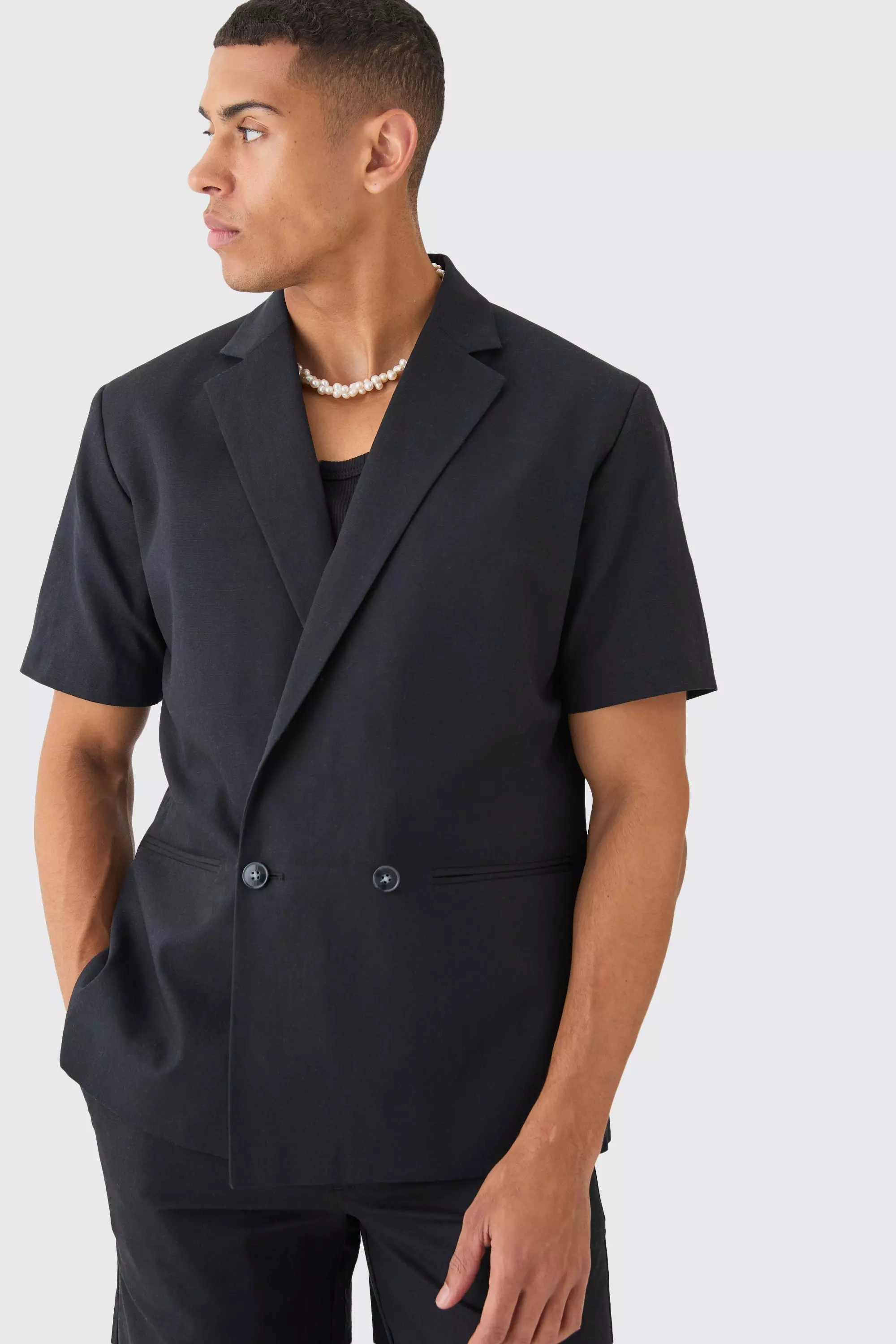 Black Mix & Match Linen Blend Short Sleeve Double Breasted Blazer