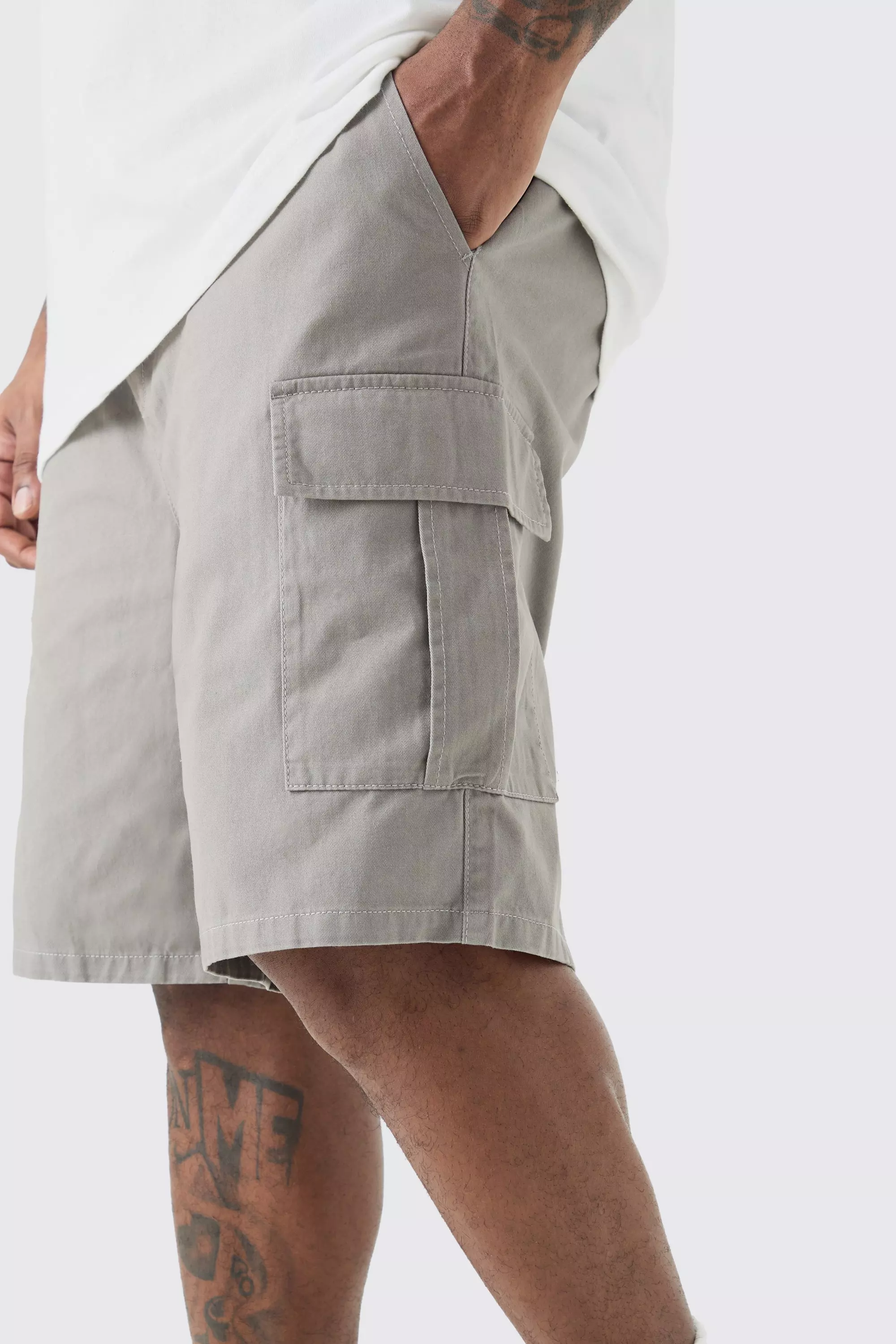 Plus Elastic Waist Relaxed Fit Cargo Shorts In Grey Grey