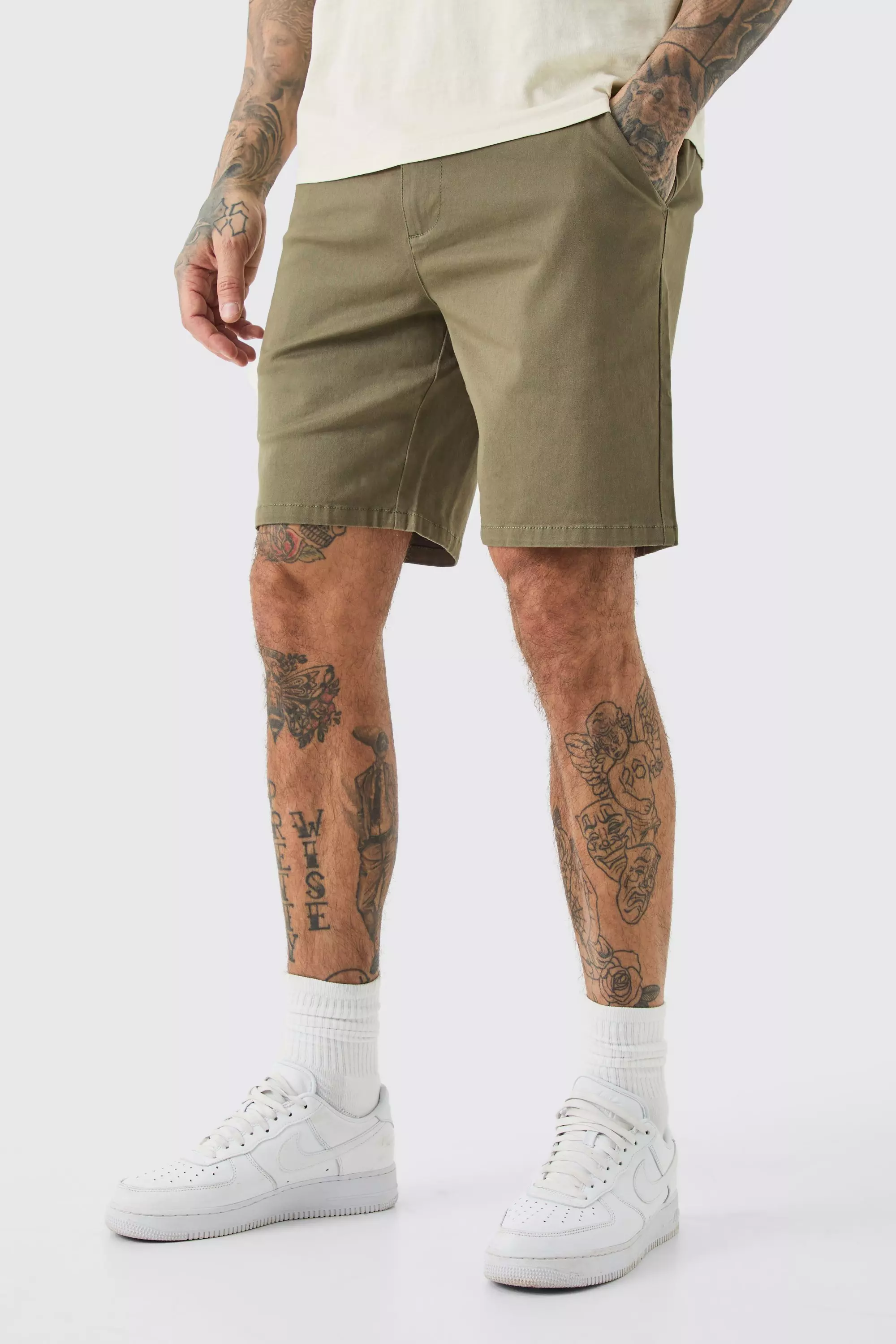 Tall Fixed Waist Slim Fit Chino Shorts In Khaki Khaki