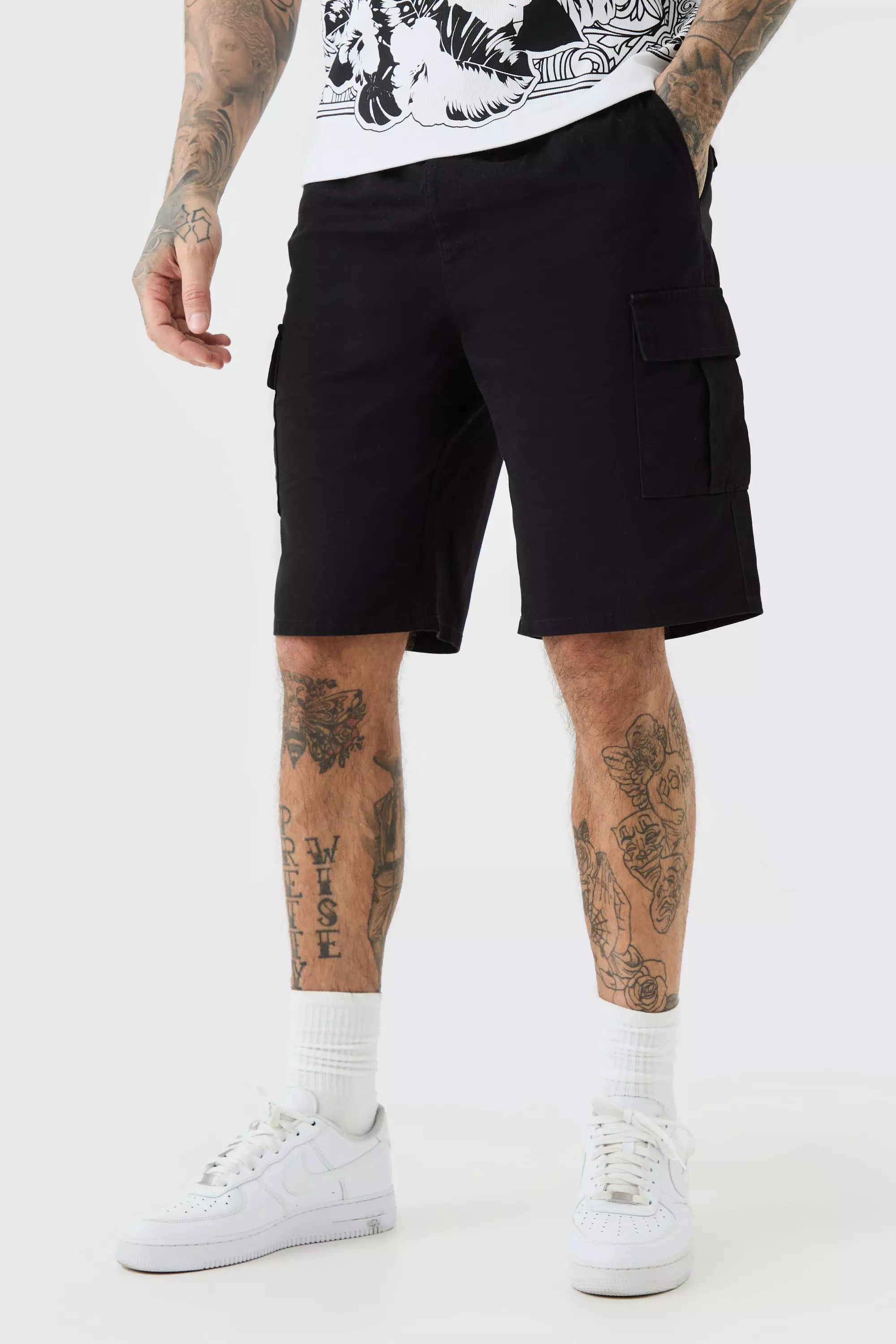 Tall Elastic Waist Relaxed Fit Cargo Shorts In Black Black