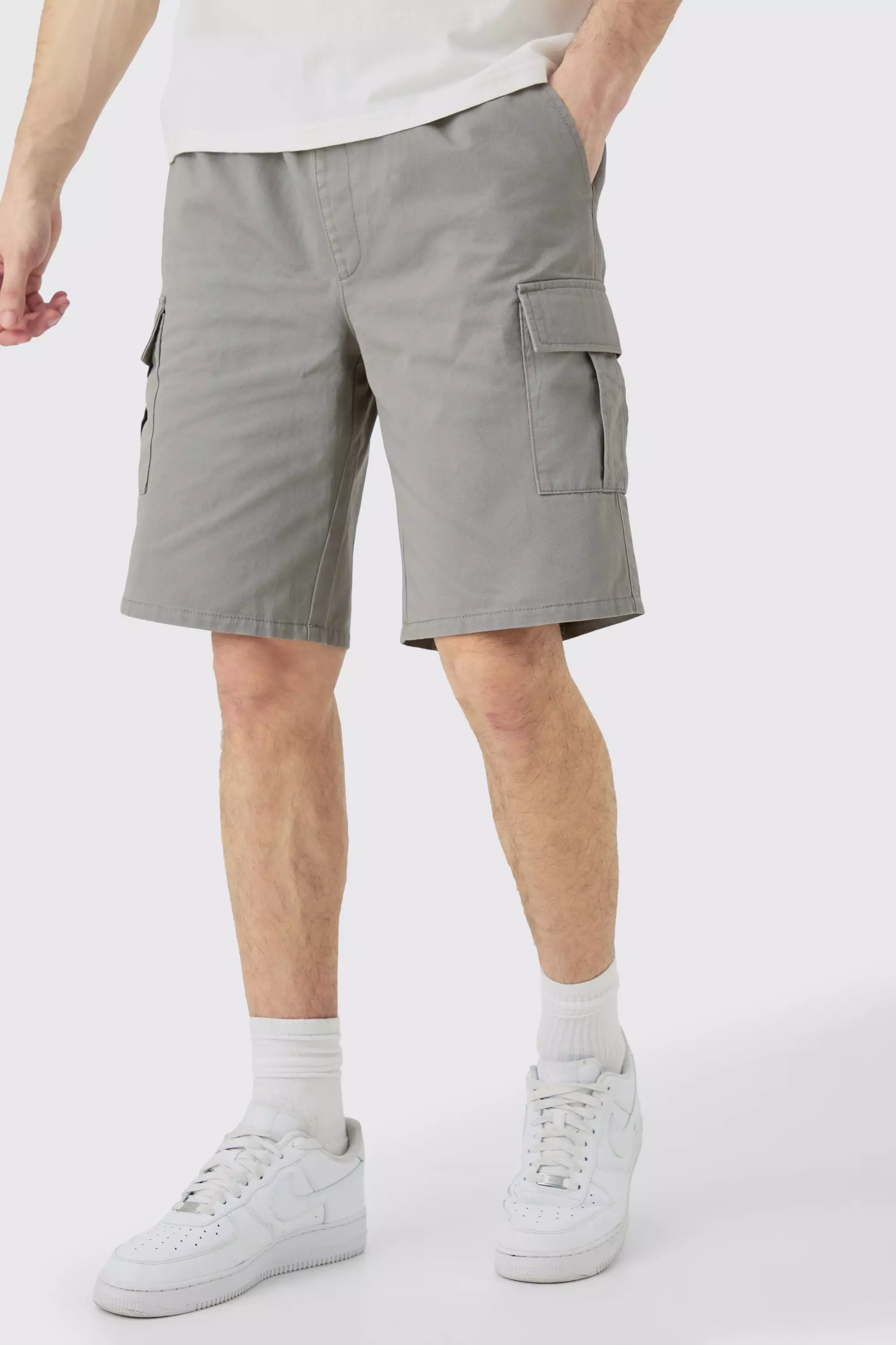 Tall Elastic Waist Relaxed Fit Cargo Shorts In Grey Grey