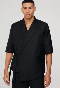 Short Sleeve Tie Side Overized Blazer Black