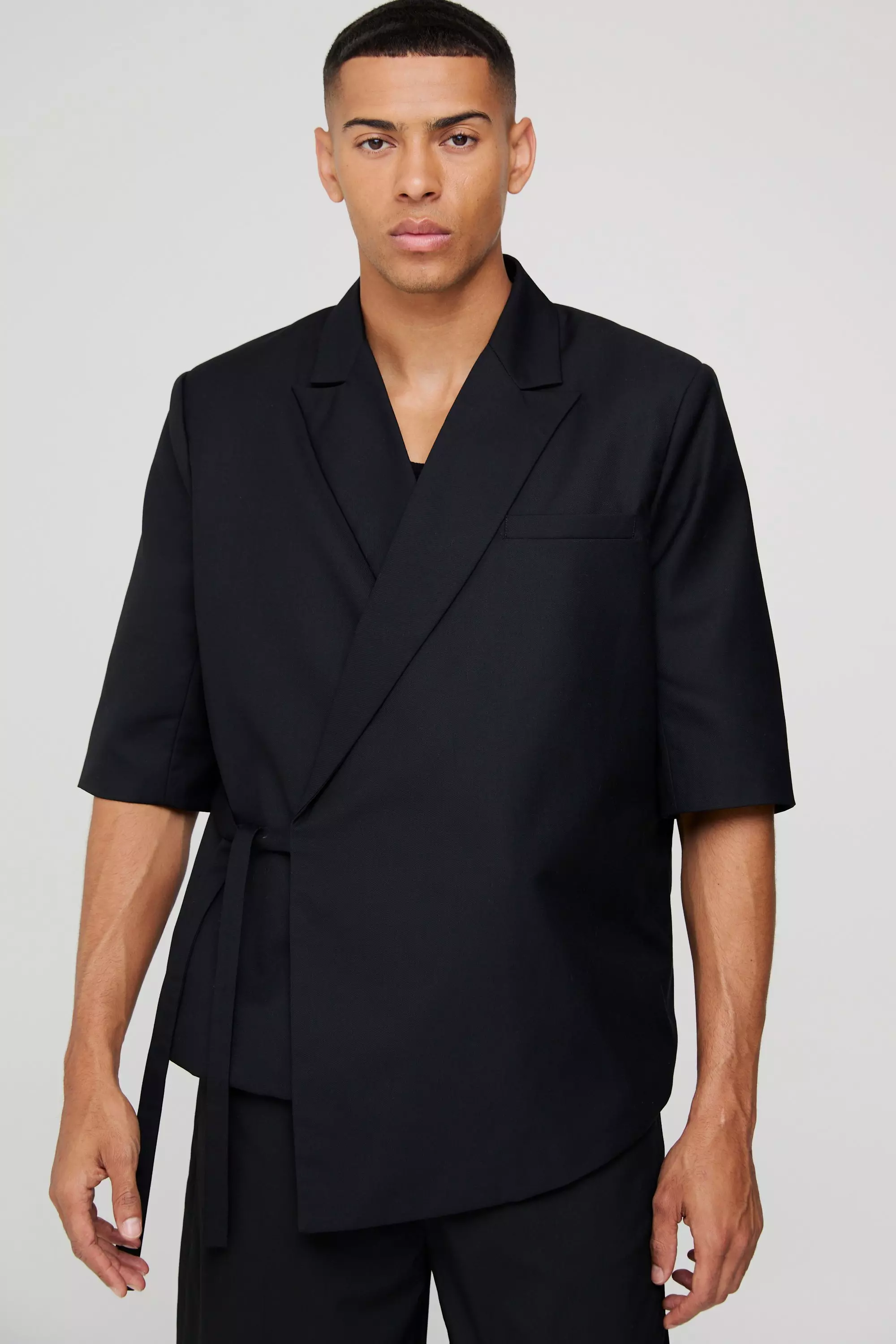 Short Sleeve Tie Side Overized Blazer Black