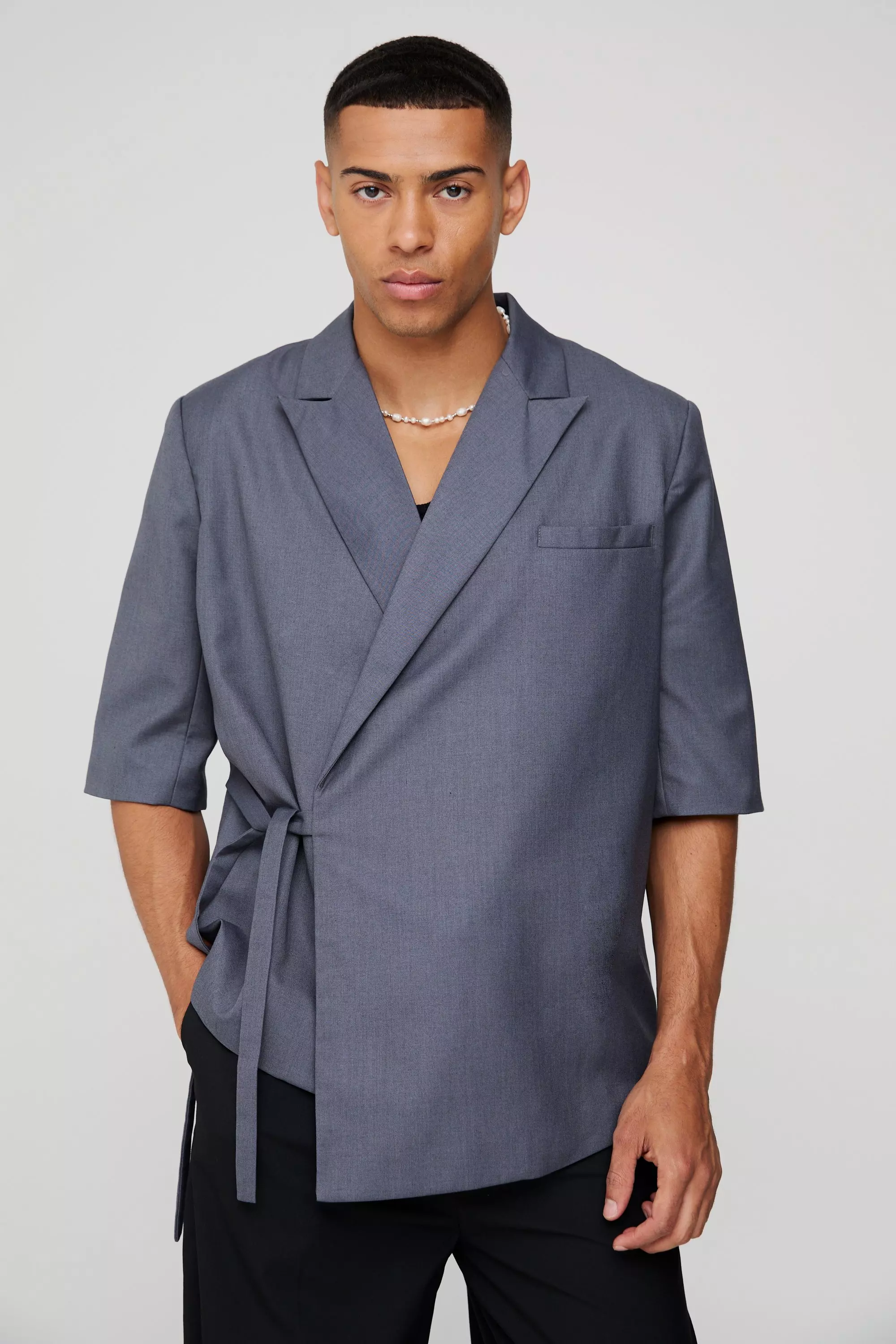 Short Sleeve Tie Side Oversized Blazer Charcoal