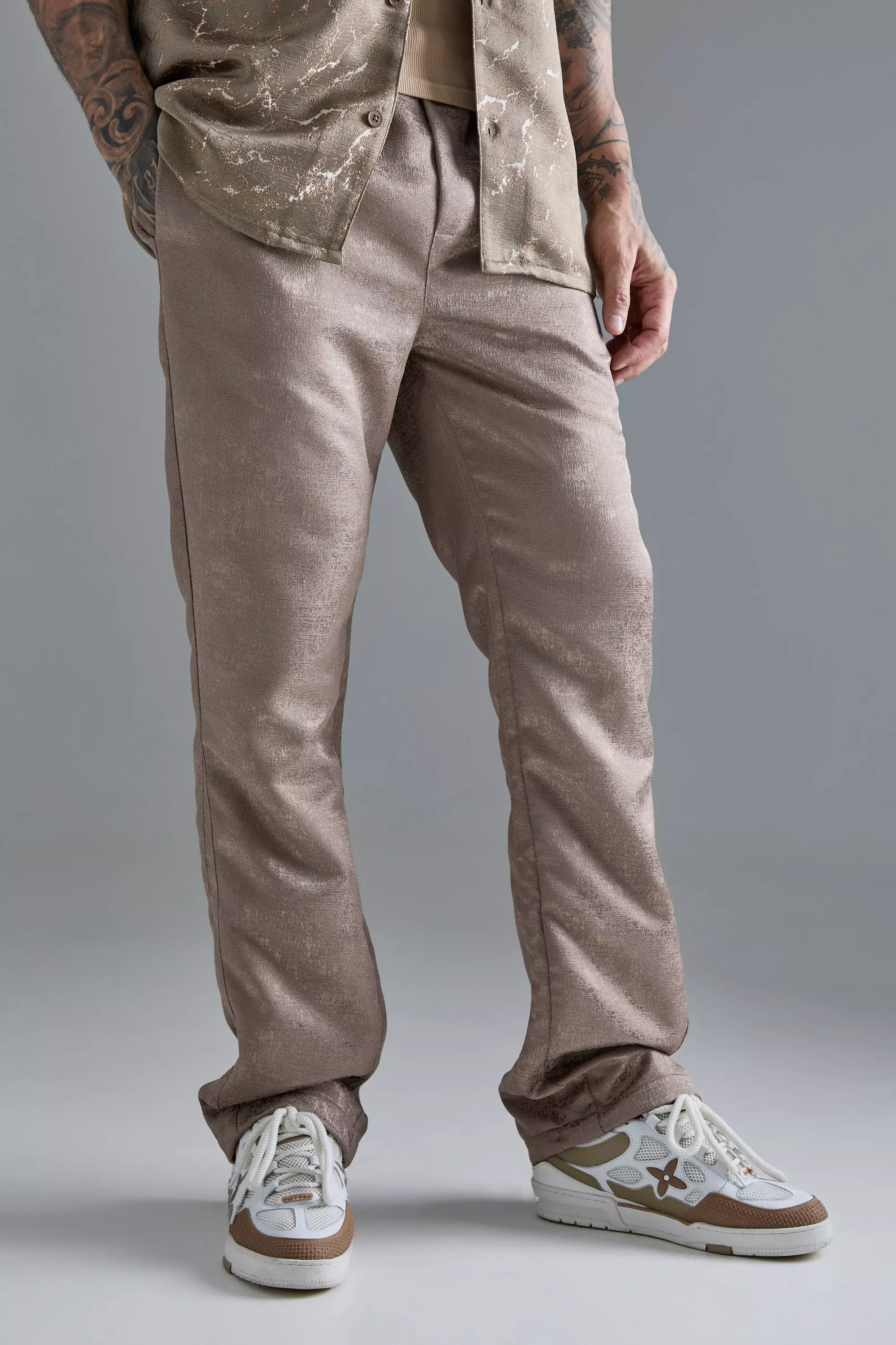 Taupe Beige Elasticated Waist Slim Gusset Texture Trouser