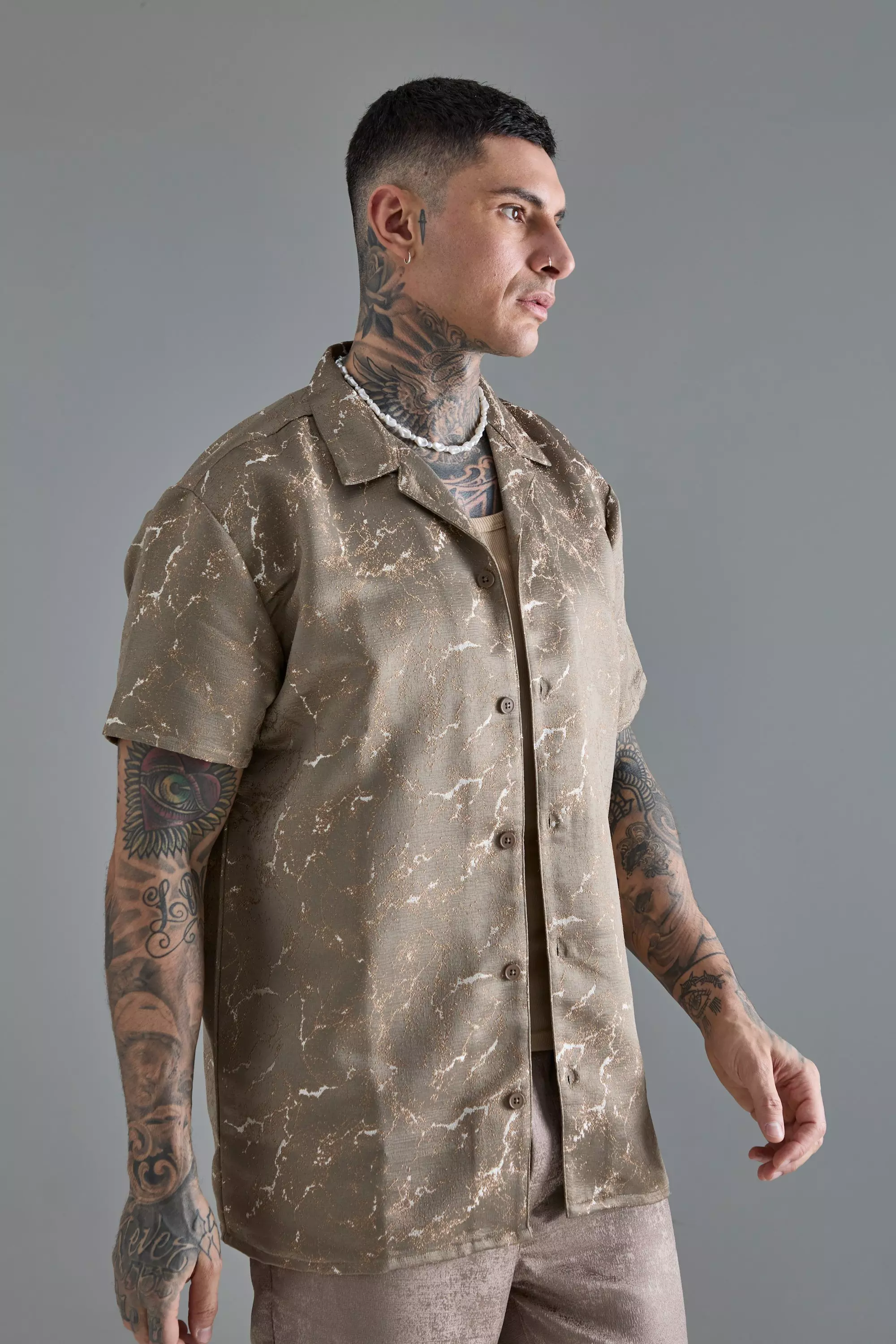 Taupe Beige Tall Short Sleeve Oversized Textured Shirt