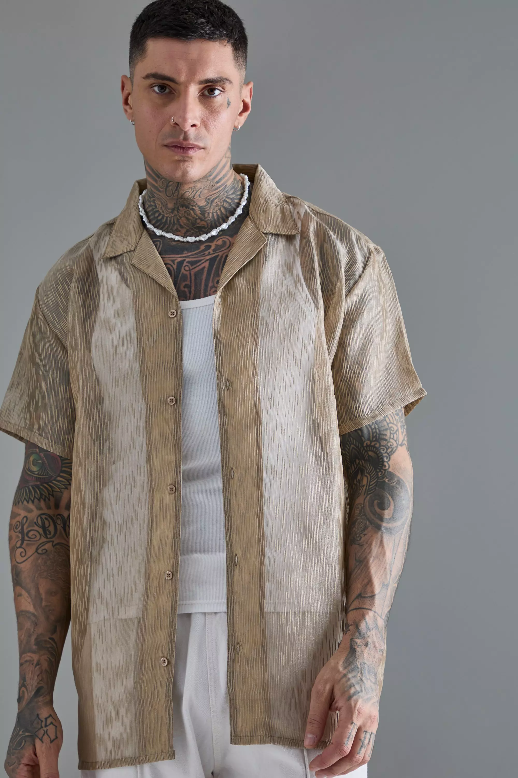 Stone Beige Tall Short Sleeve Oversized Textured Shirt