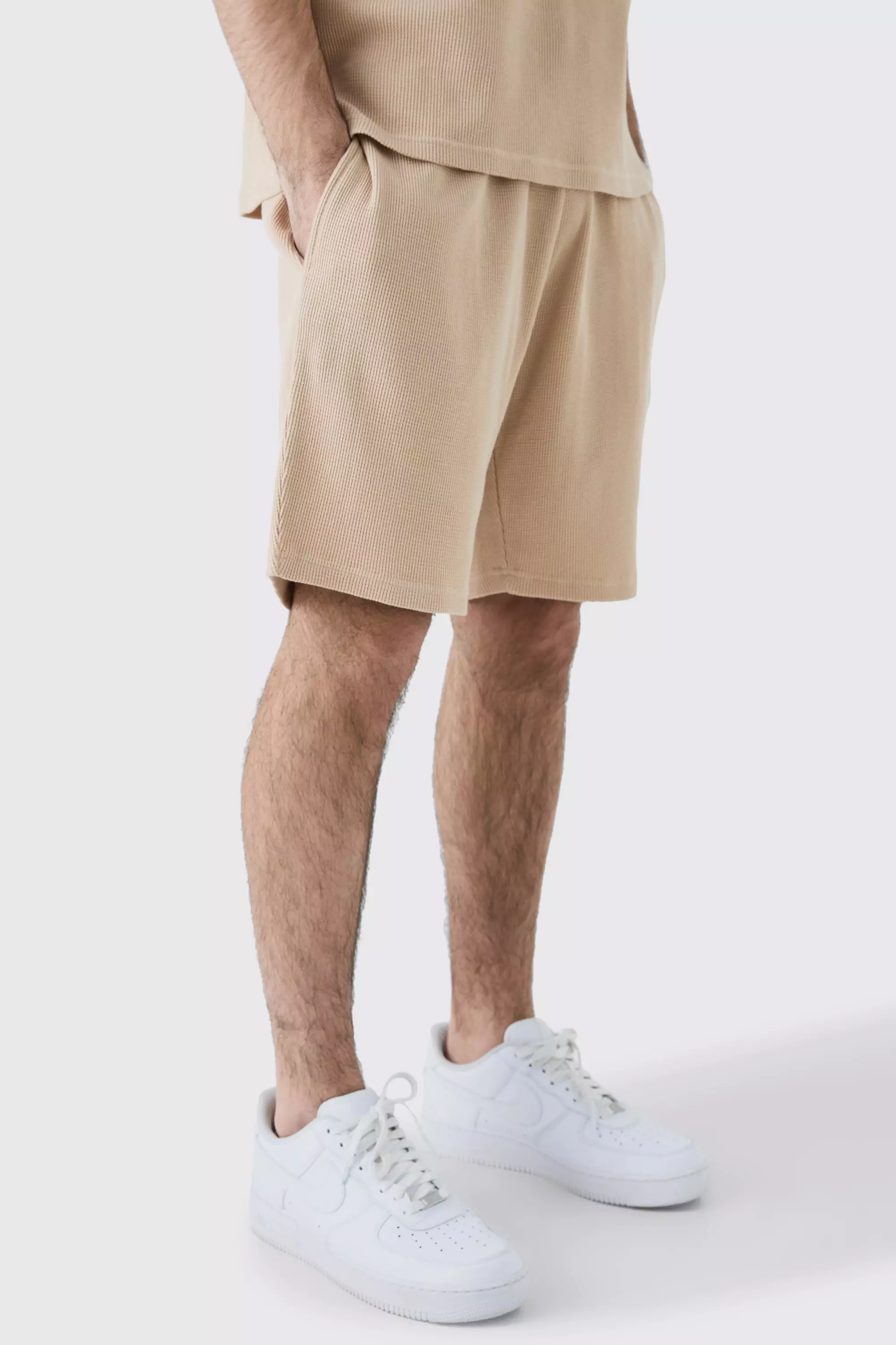 Stone Beige Relaxed Mid Length Waffle Short