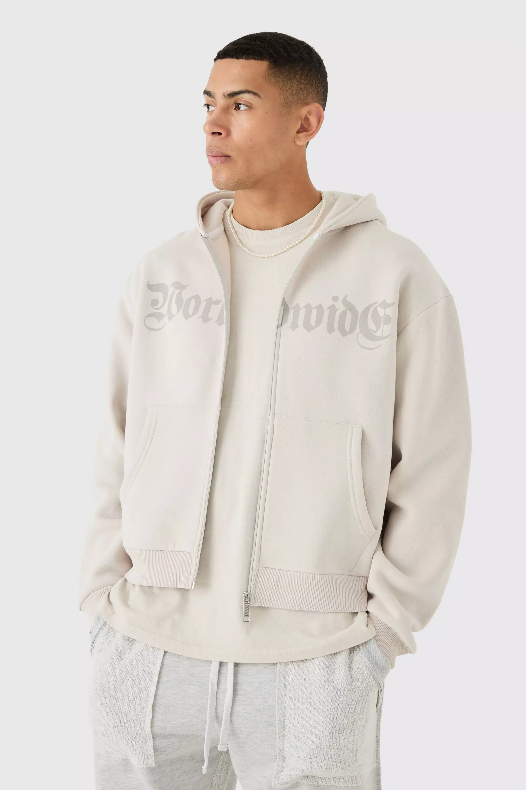 Oversized Boxy Worldwide Zip Through Hoodie Light grey