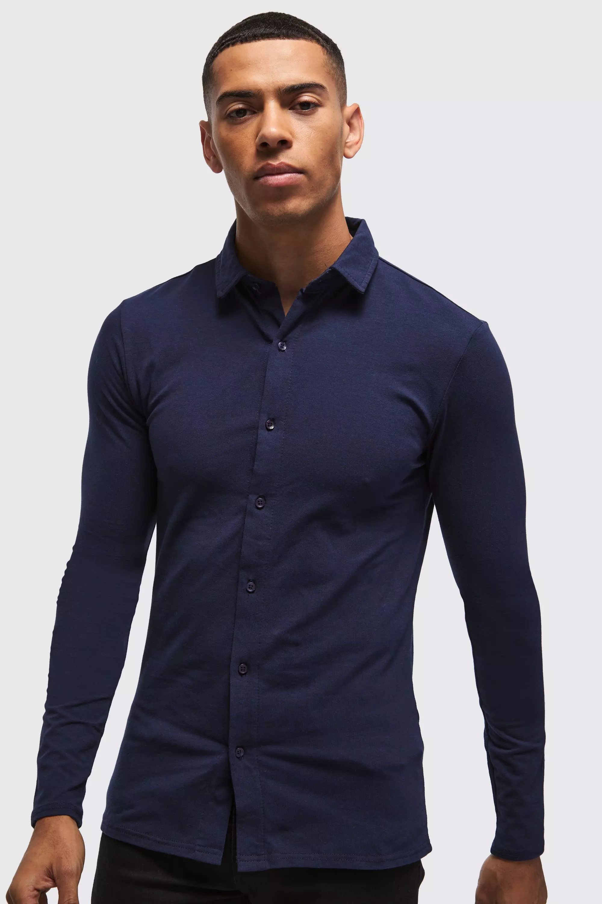 Long Sleeve Stretch Fit Jersey Shirt Navy