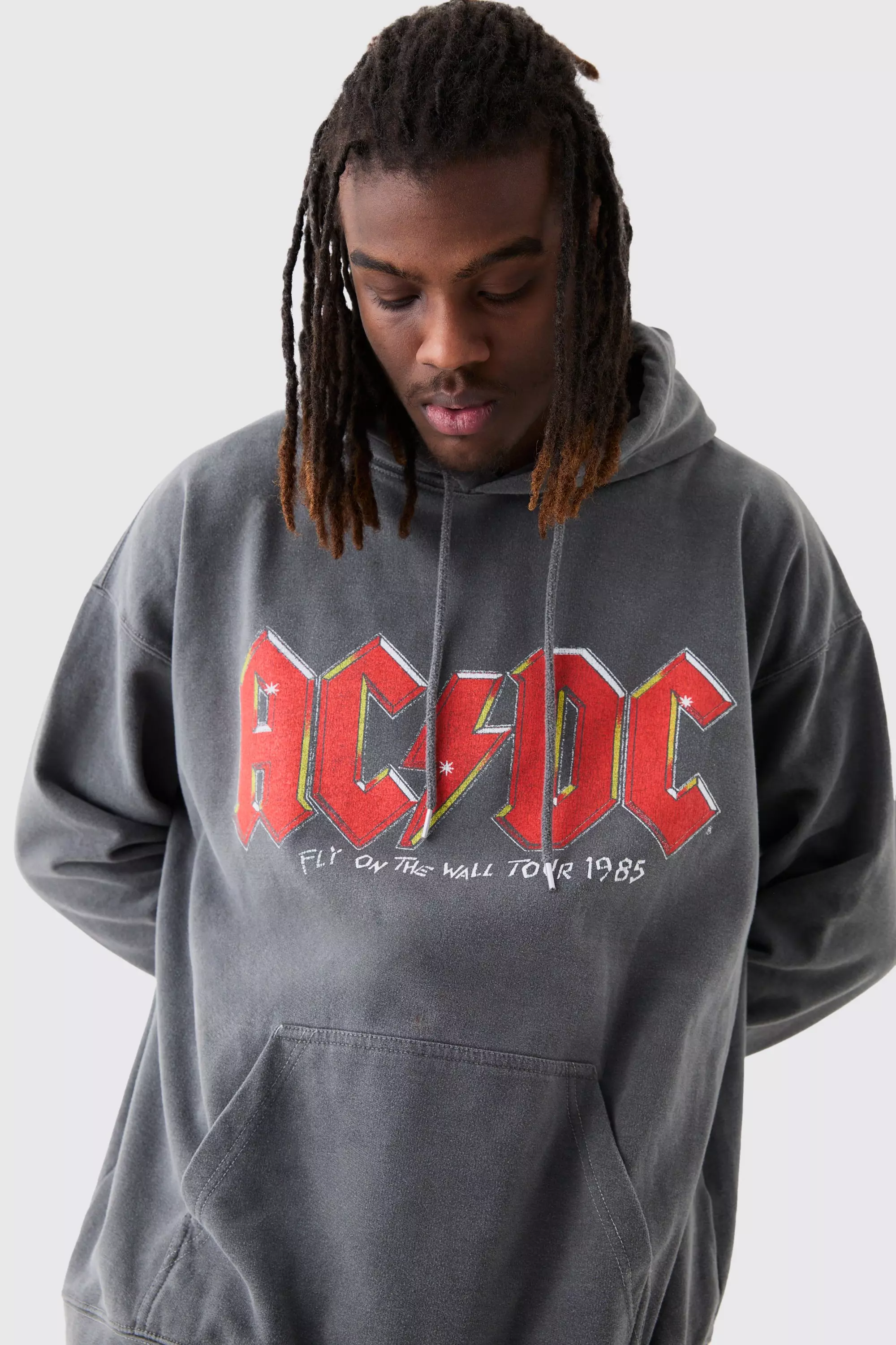 Charcoal Grey Oversized Acdc Wash License Hoodie